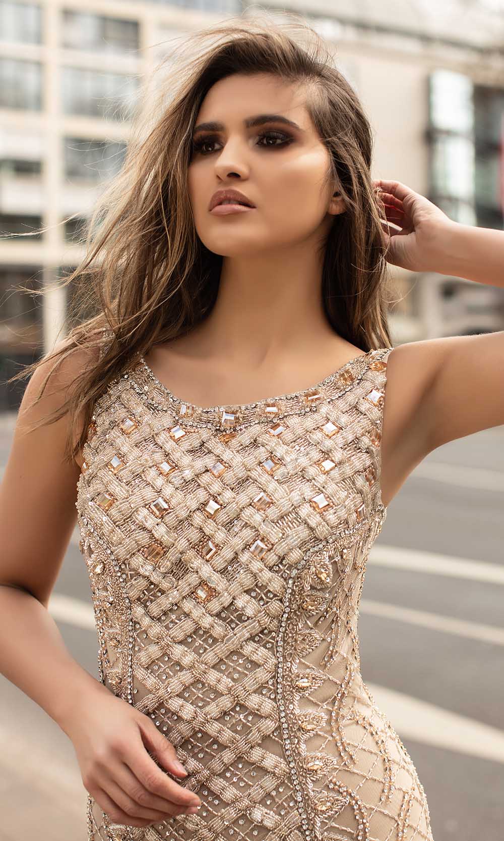 Chic and Holland - HF1557 Beaded Sheath Modest Prom Dress - detail view