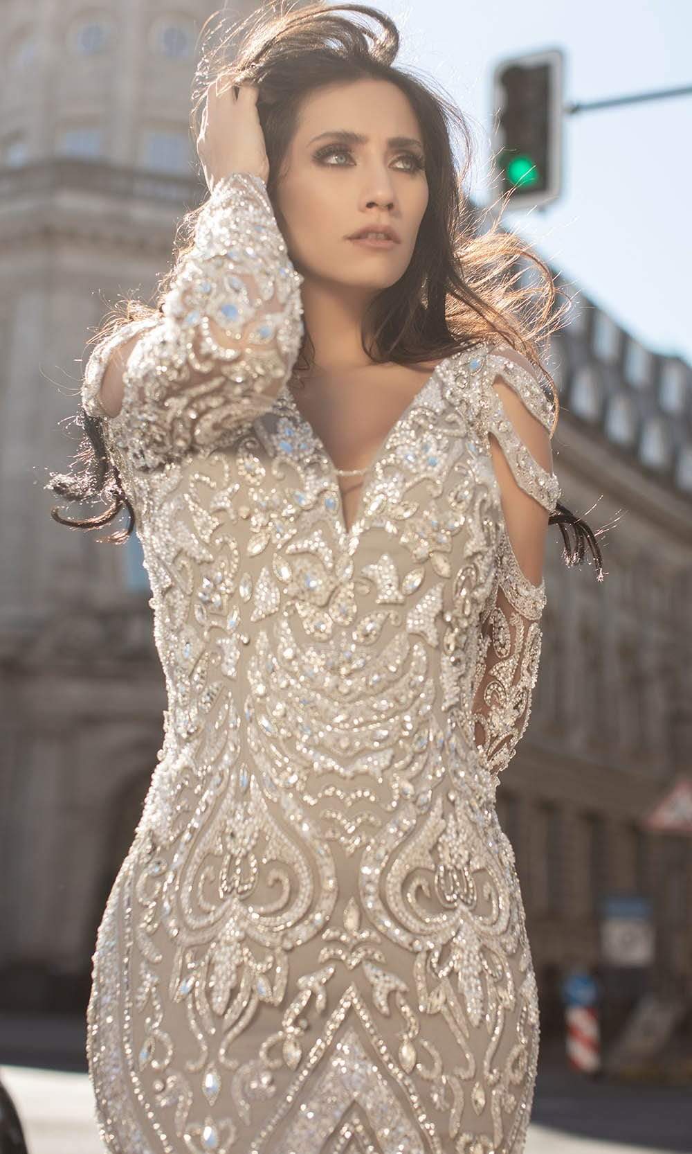 Chic and Holland - HF1597 Cutout Long Sleeves Sequined Dress - detail view