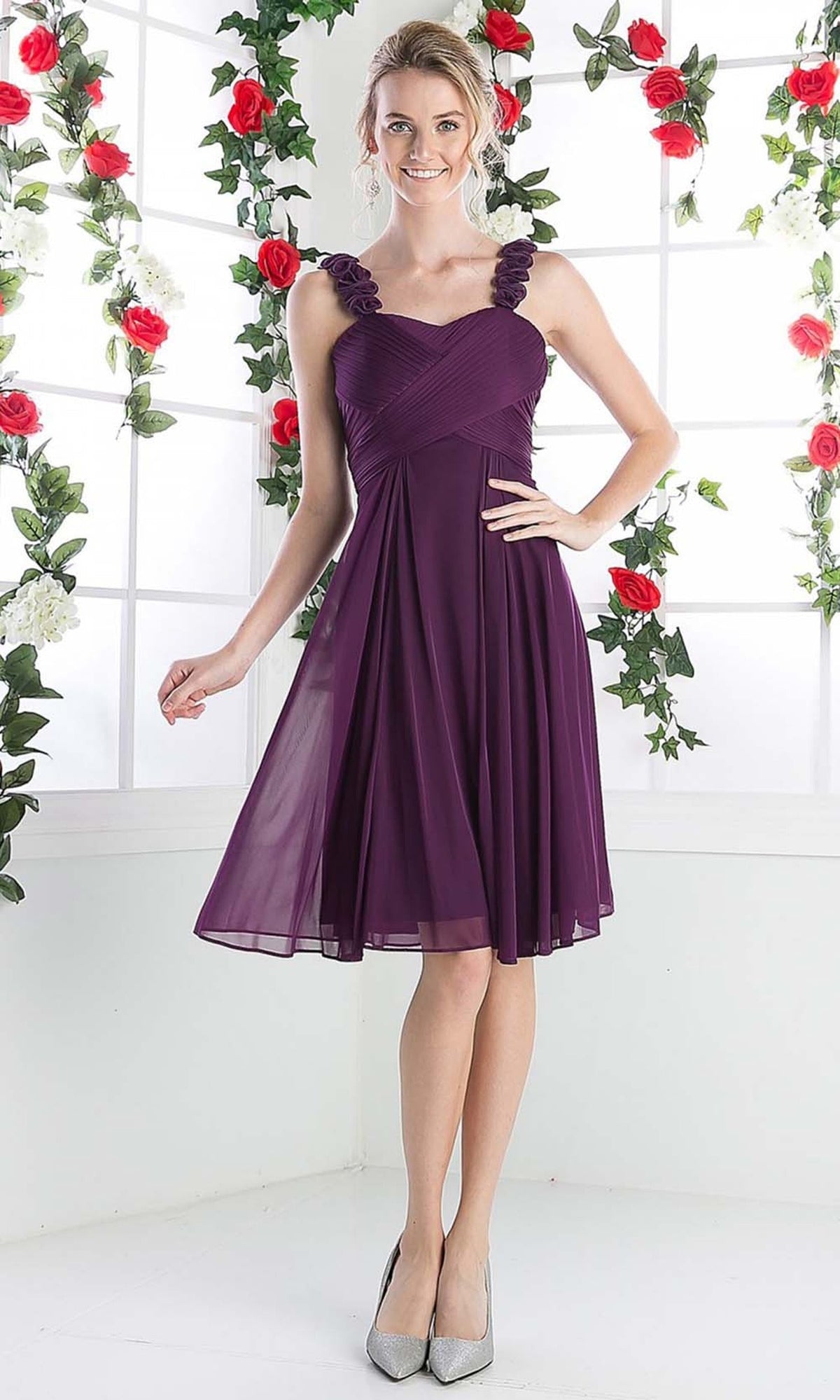 Cinderella Divine - 3801 Floral Strap Empire Waist A-Line Short Dress