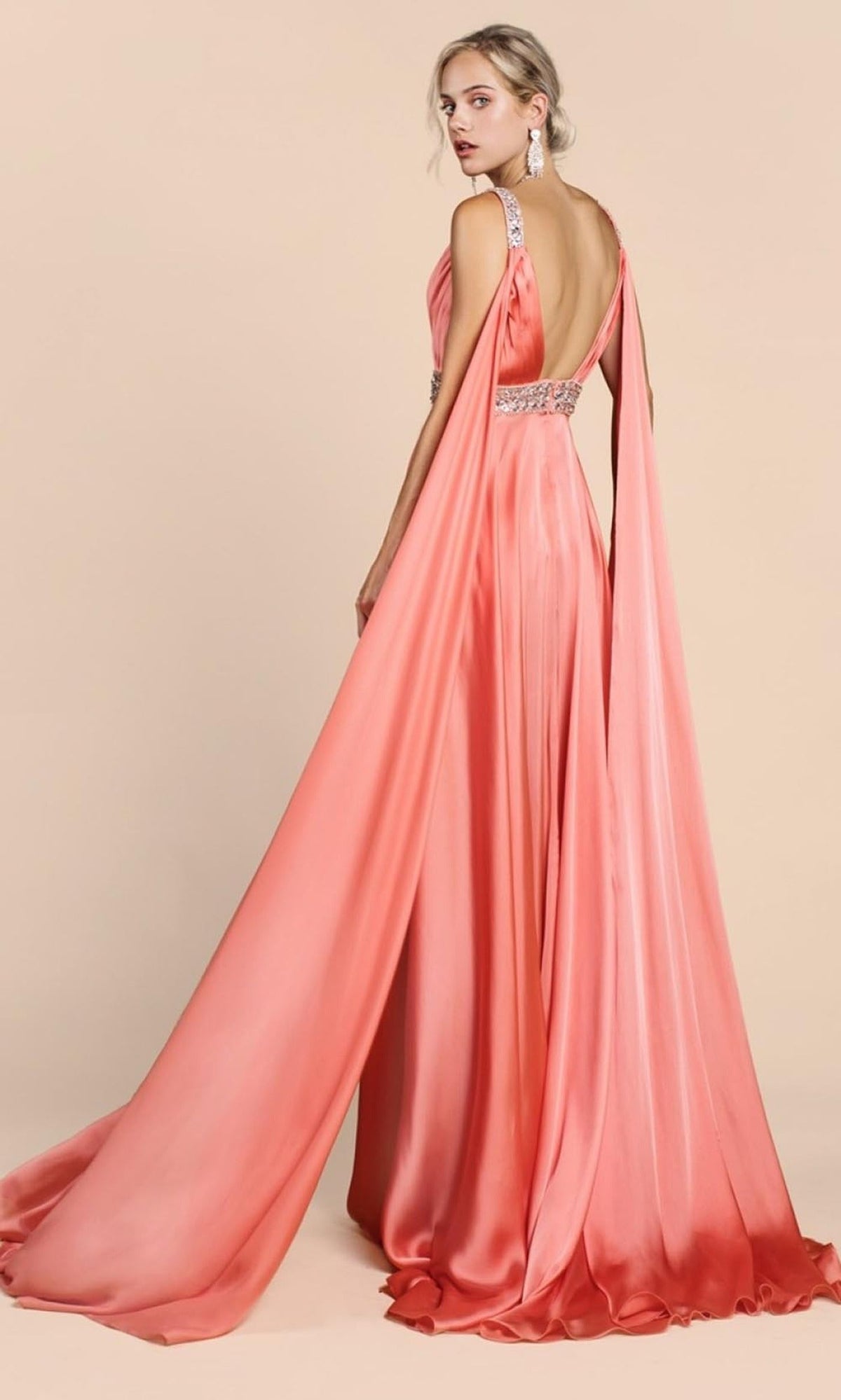 Cinderella Divine - A0065 Satin High Slit Caped Evening Gown