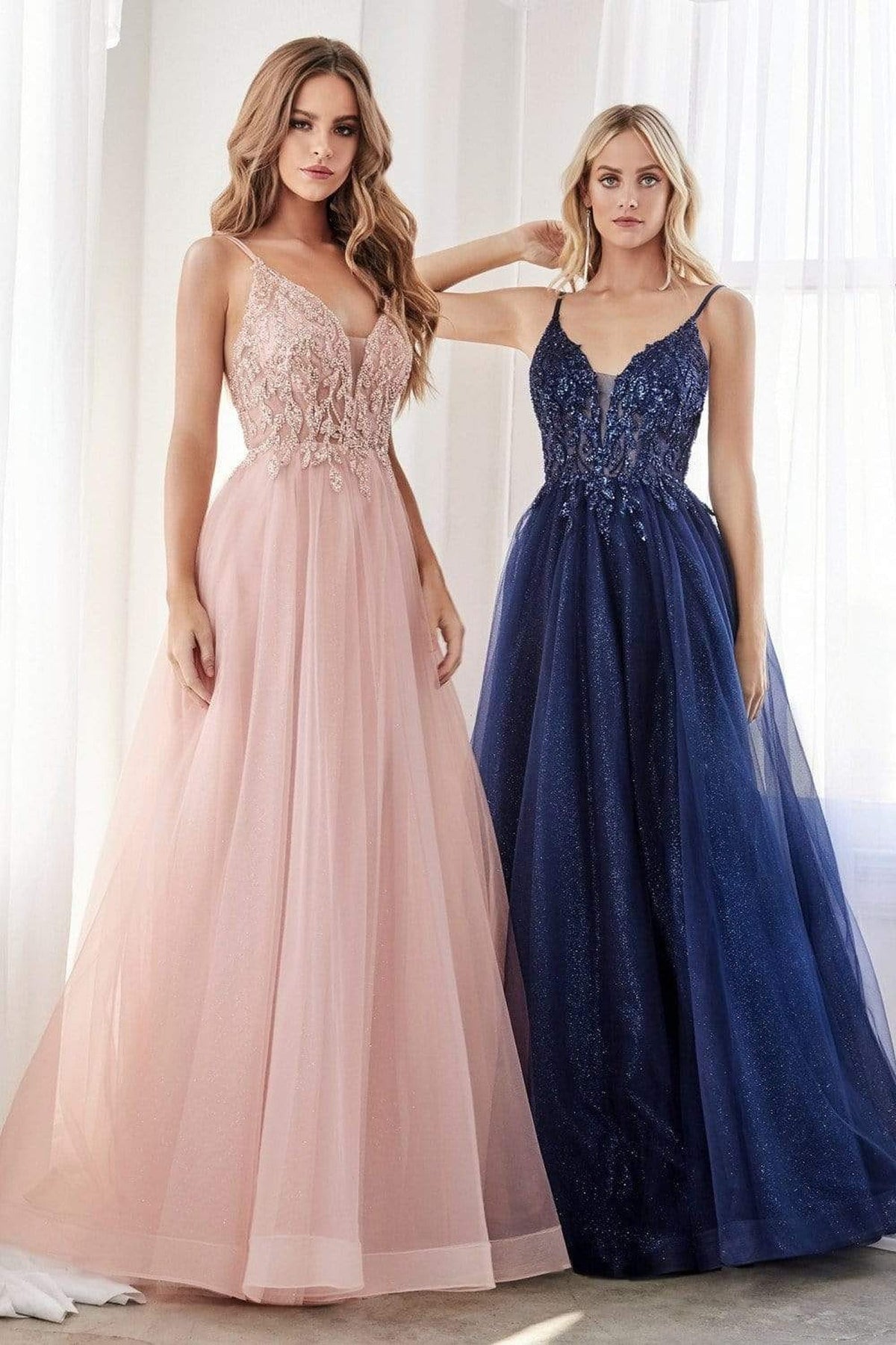 Cinderella Divine - CD0154 Plunging Beaded Appliqued Tulle Dress