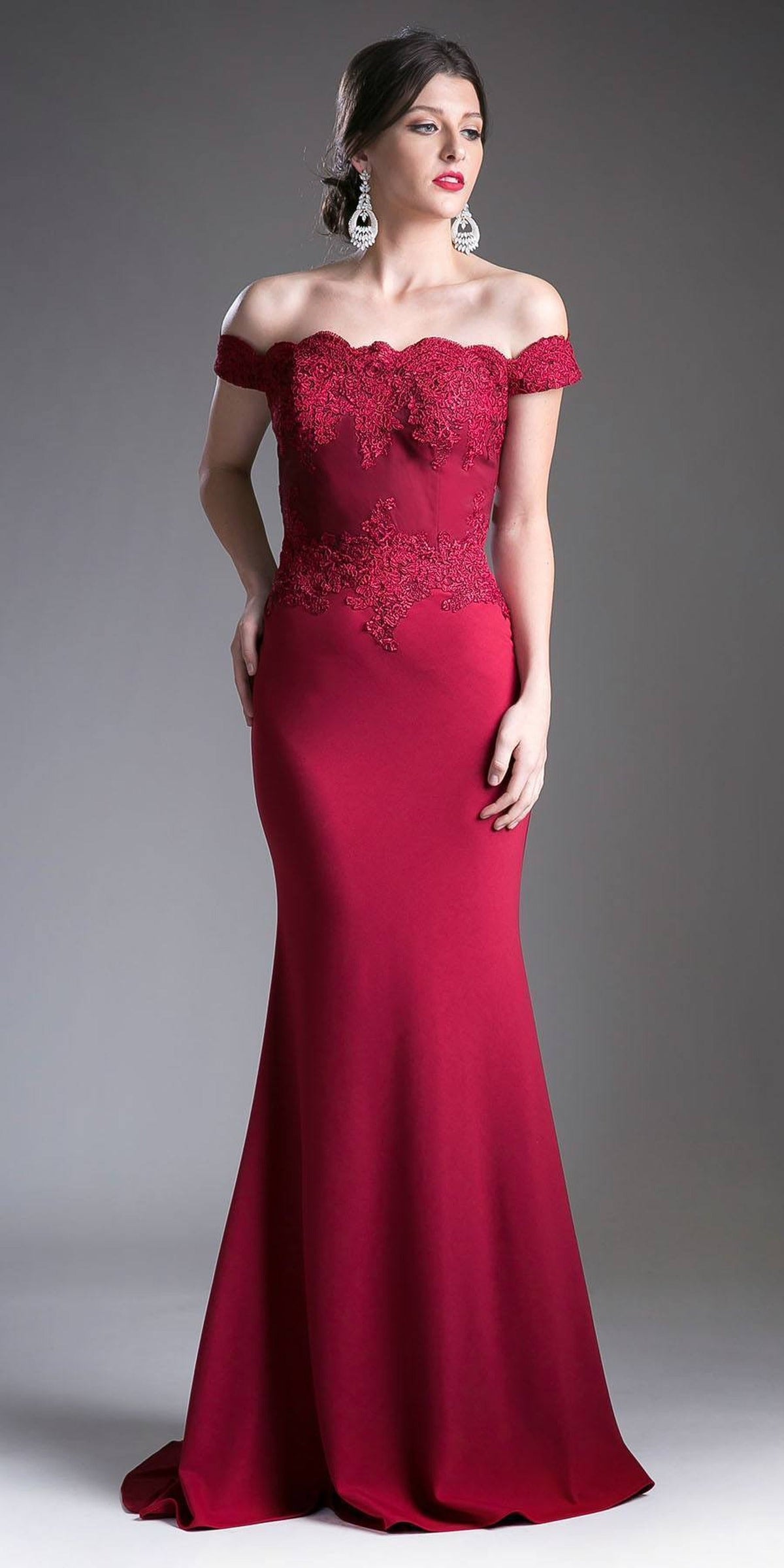Cinderella Divine - CF158 Off Shoulder Stretch Crepe Satin Gown