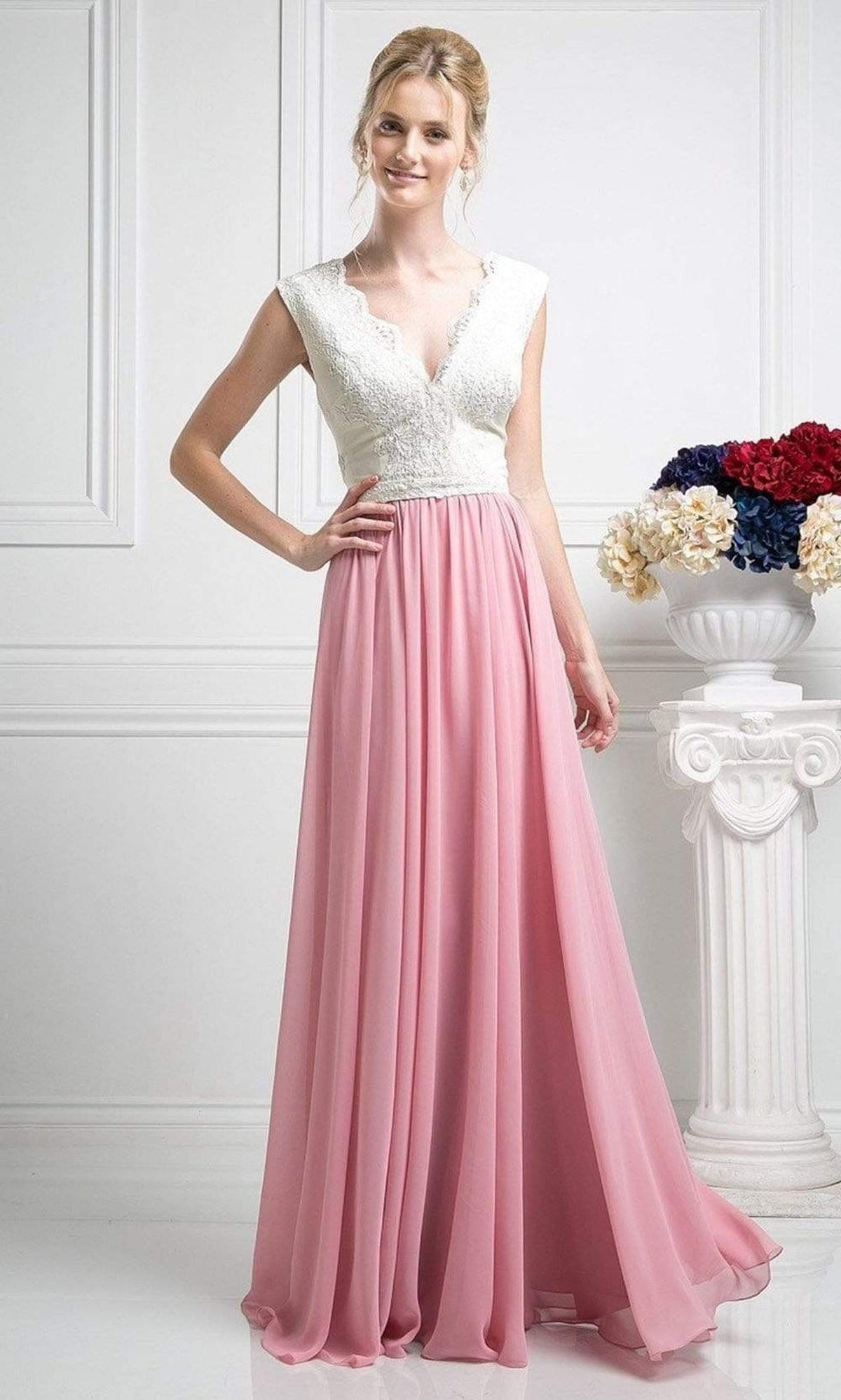 Cinderella Divine - Lace Scalloped V-neck A-line Dress