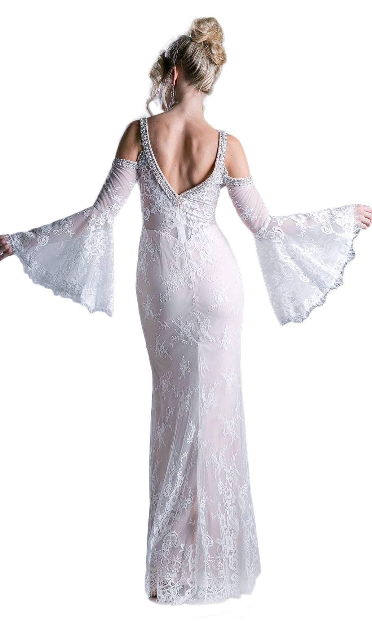 Cinderella Divine 13112 - Embellished Lace Long Bell Sleeve Sheath Dress