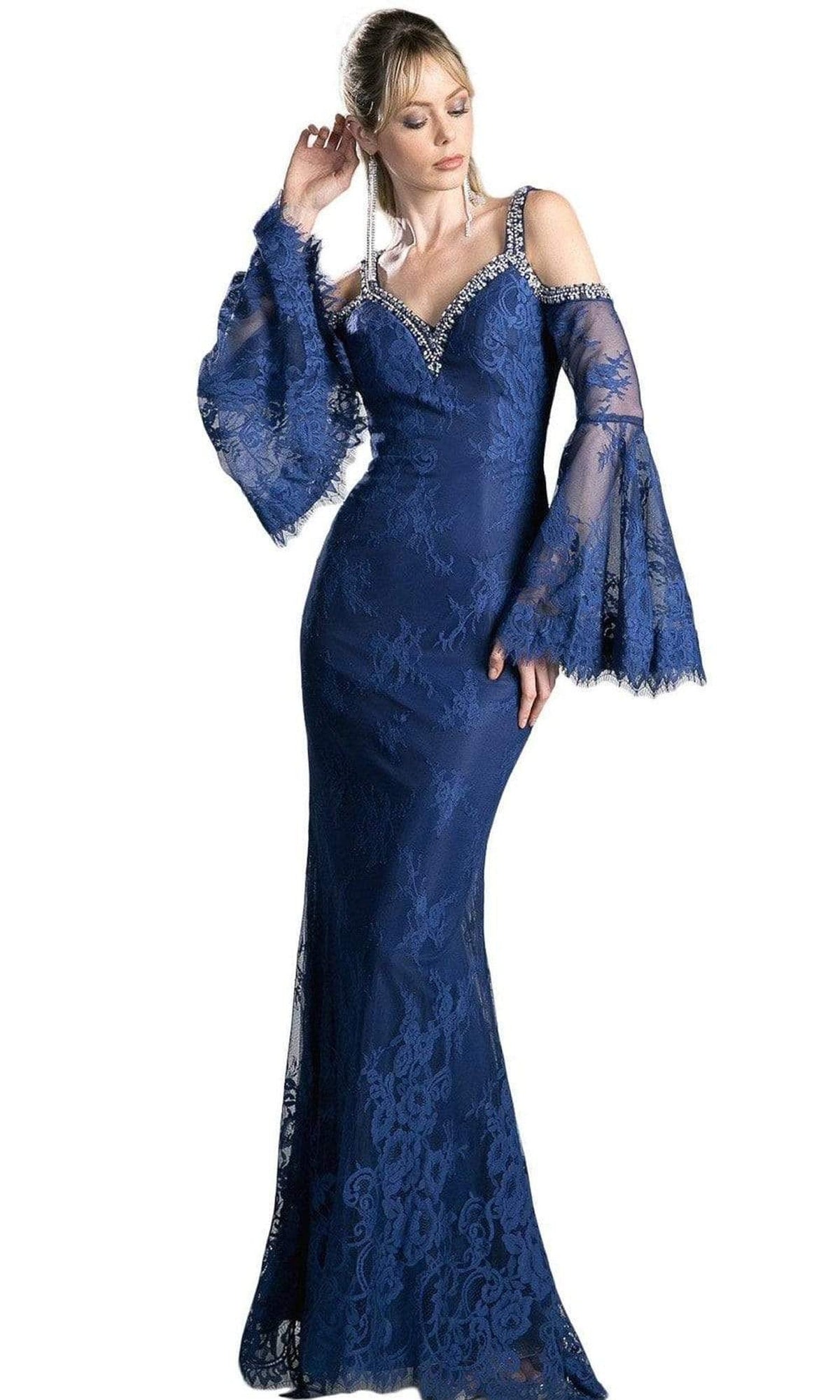 Cinderella Divine 13112 - Embellished Lace Long Bell Sleeve Sheath Dress