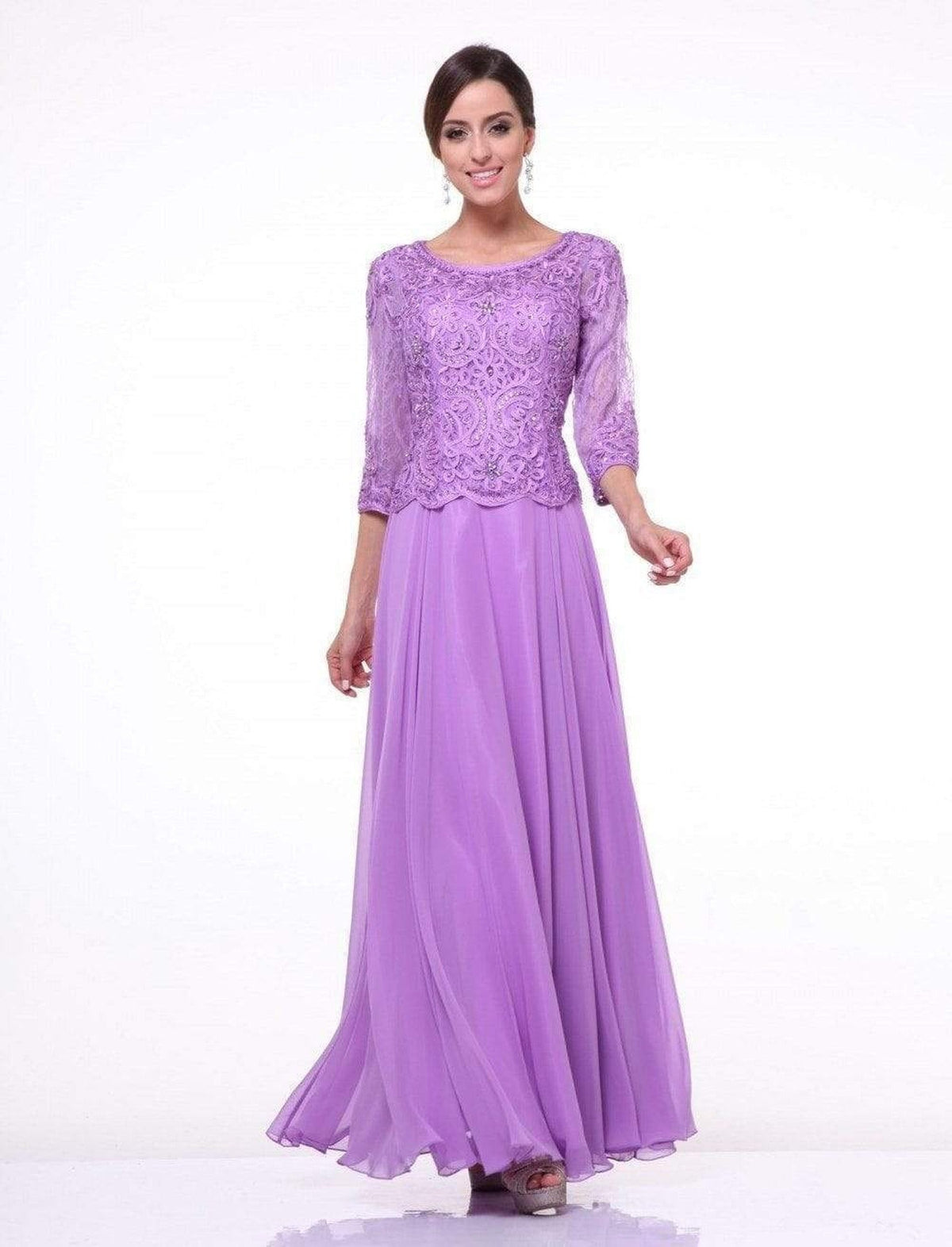 Cinderella Divine - 14327 Quarter Sleeve Soutache Bodice A-Line Long Formal Dress