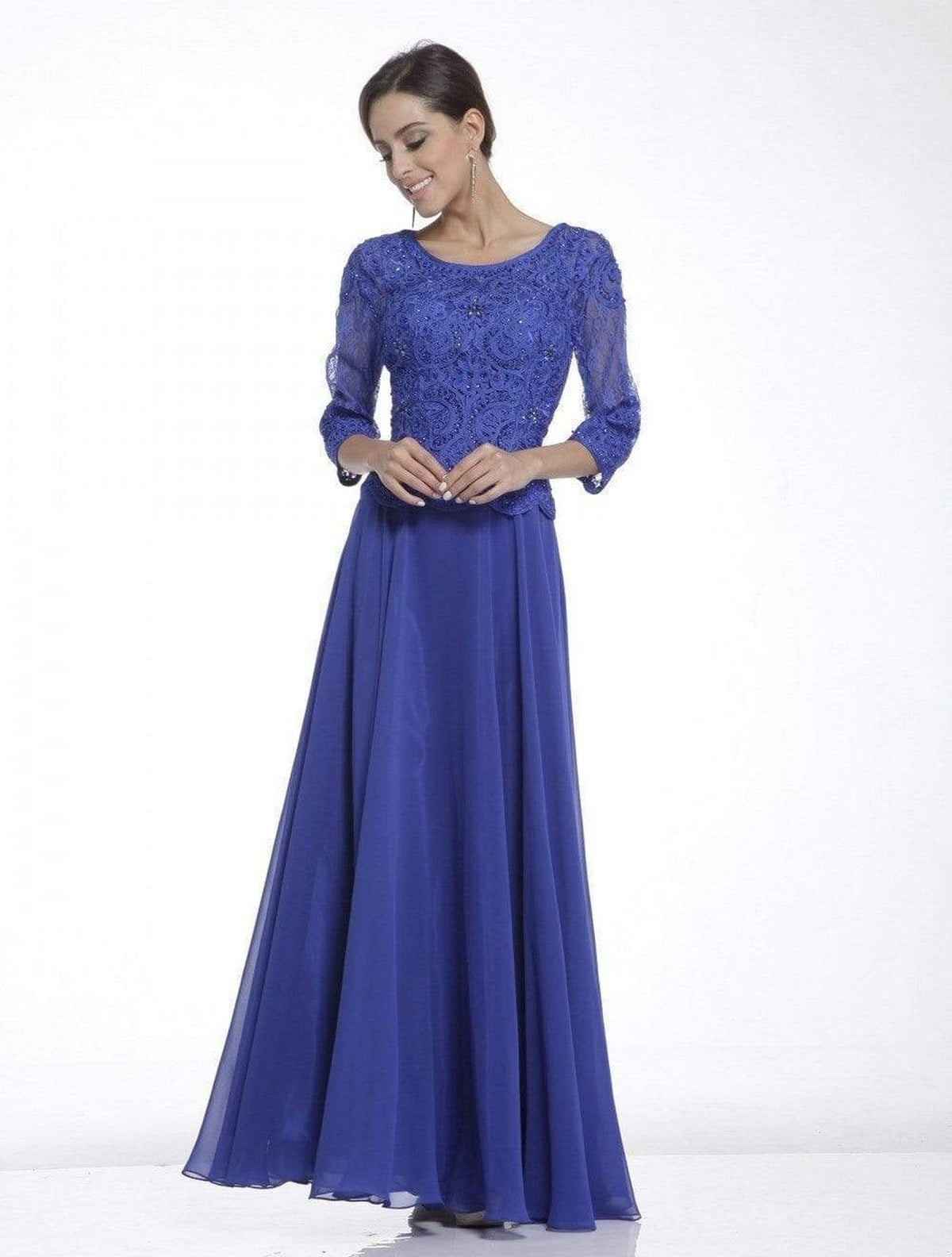 Cinderella Divine - 14327 Quarter Sleeve Soutache Bodice A-Line Long Formal Dress