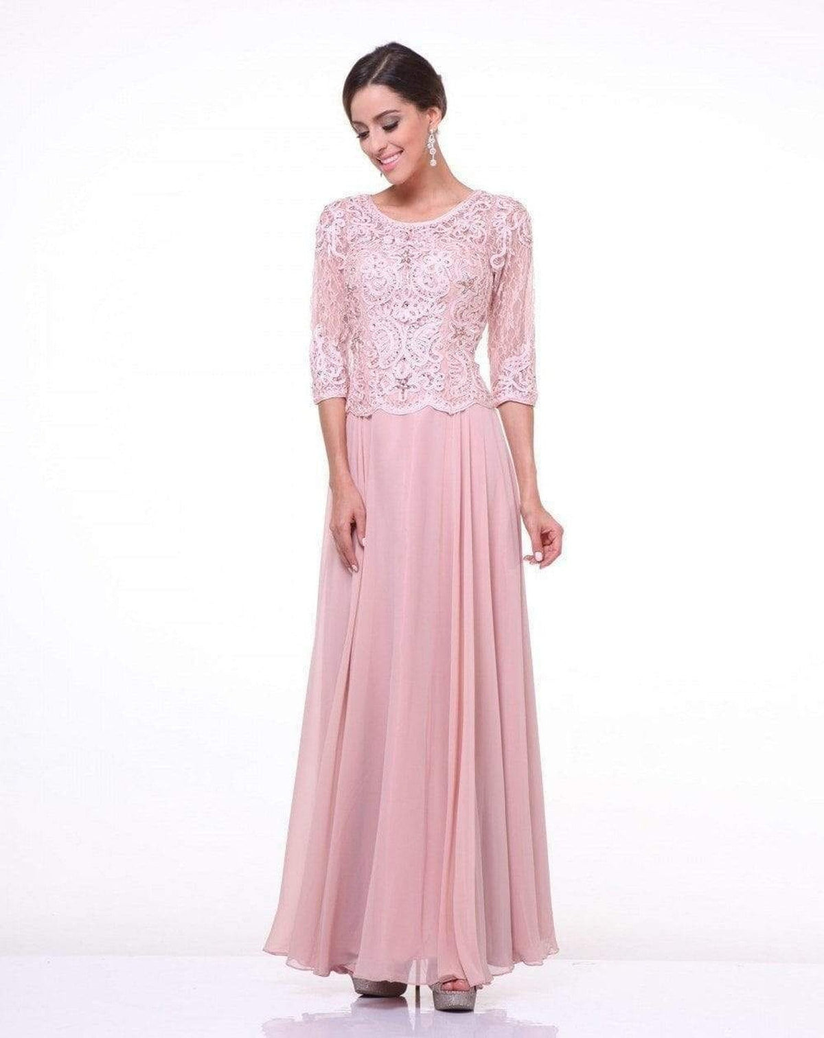 Cinderella Divine - 14327 Quarter Sleeve Soutache Bodice A-Line Long Formal Dress