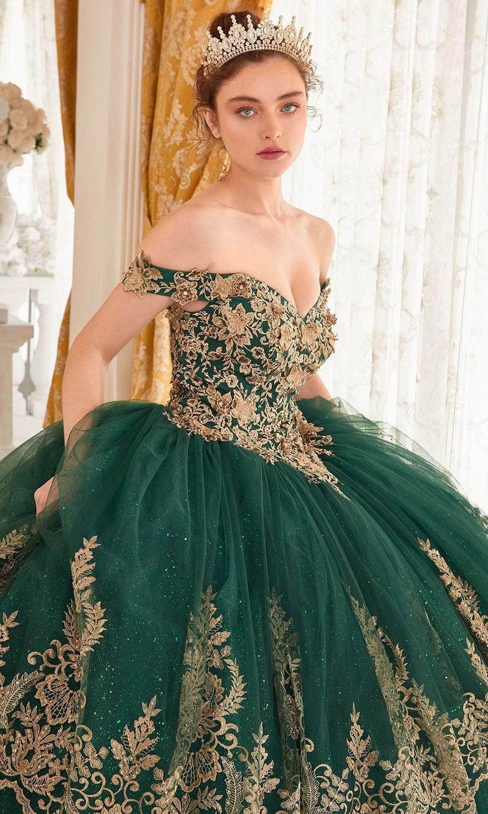 Cinderella Divine 15705 - Gold Lace Applique Off-Shoulder Ballgown - view 6