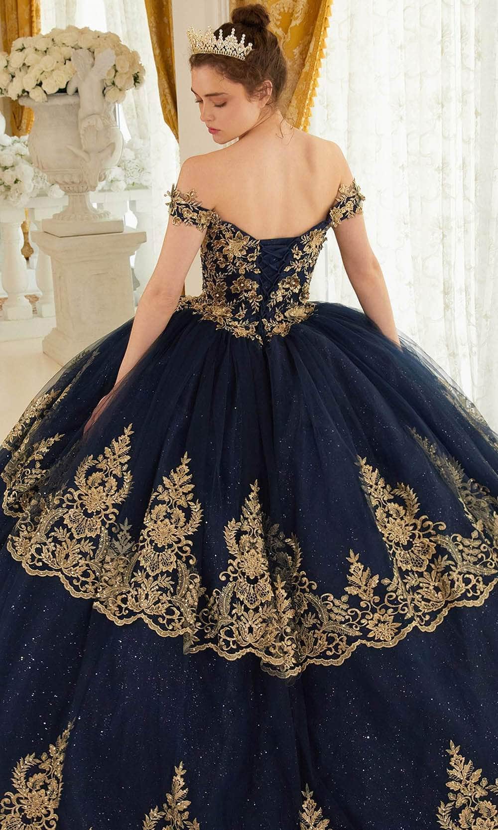 Cinderella Divine 15705 - Gold Lace Applique Off-Shoulder Ballgown - view 8
