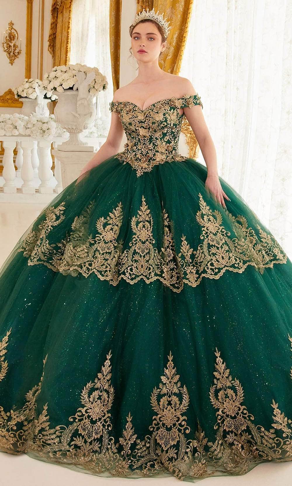 Cinderella Divine 15705 - Gold Lace Applique Off-Shoulder Ballgown - view 5