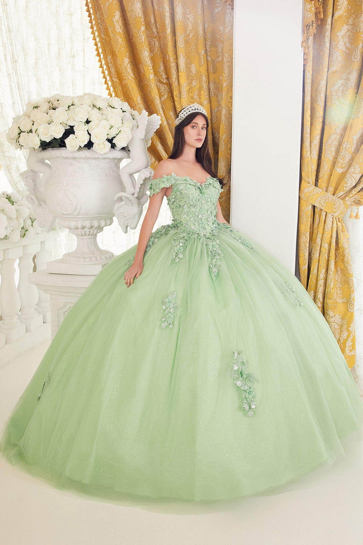 Cinderella Divine 15710 - Off-Shoulder Ballgown with Floral Embellishments - Silhouette Dresses