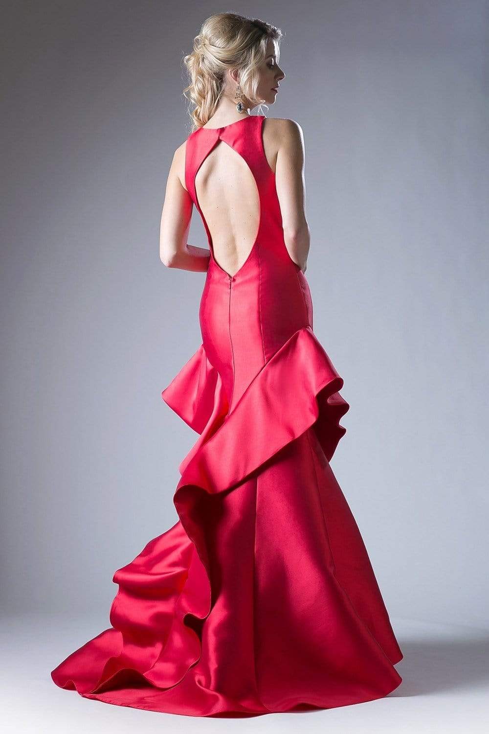 Cinderella Divine - 71428 High Neck Symmetrical Cascade Mermaid Gown - back view