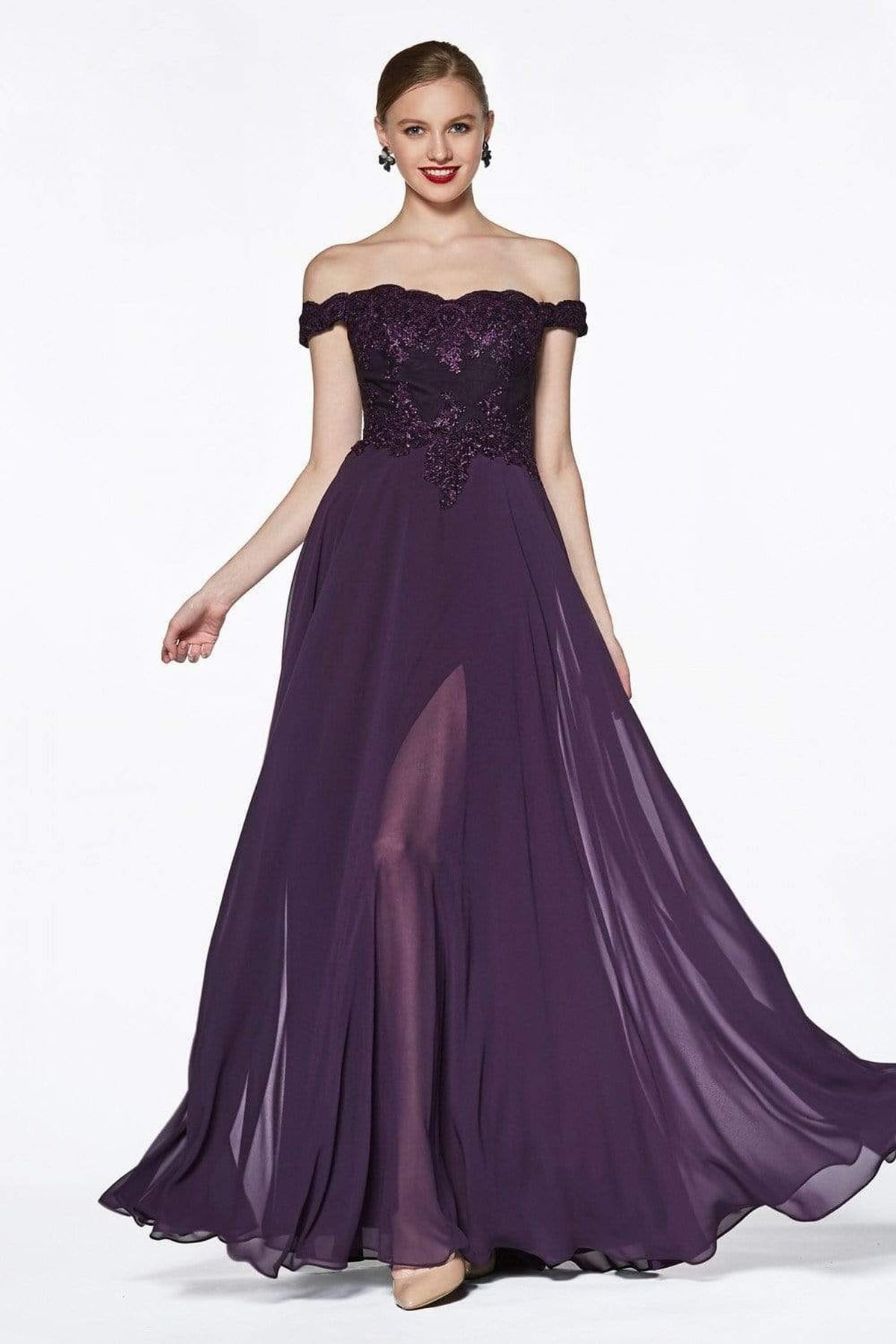 Cinderella Divine - 7258 Flowy Chiffon Lace Embellished A-Line Gown