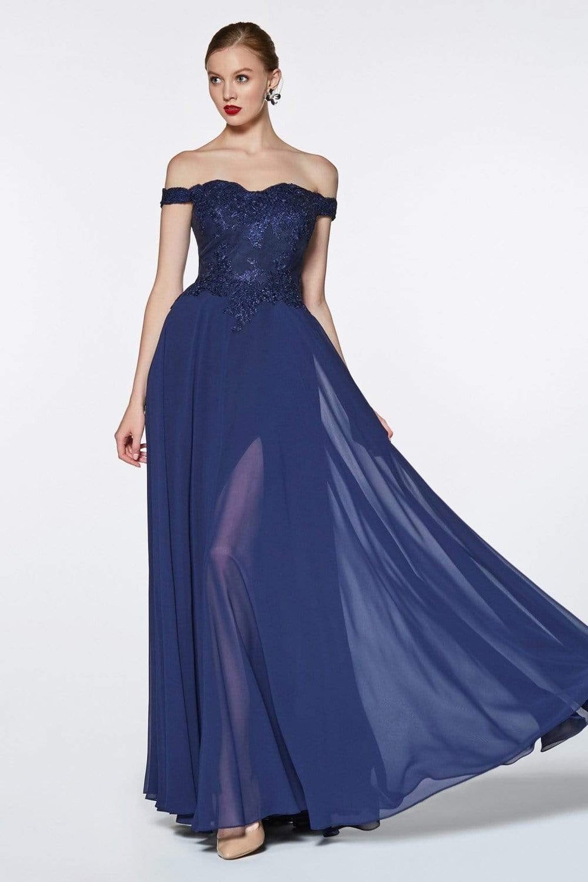 Cinderella Divine - 7258 Flowy Chiffon Lace Embellished A-Line Gown