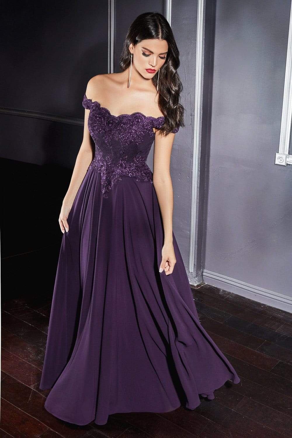 Cinderella Divine - 7258 Flowy Chiffon Lace Embellished A-Line Gown - view 13