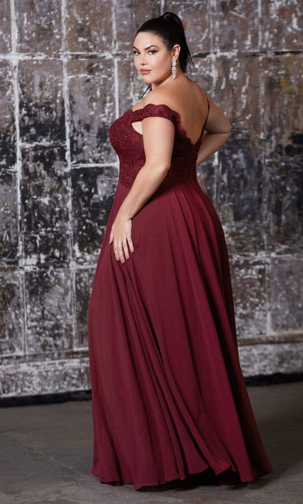 Cinderella Divine - 7258 Flowy Chiffon Lace Embellished A-Line Gown - detail view