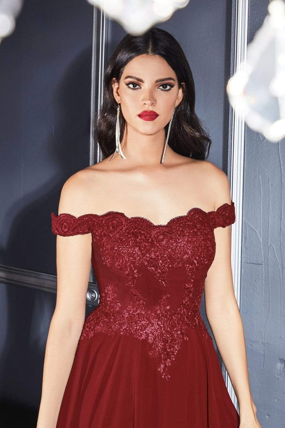 Cinderella Divine - 7258 Flowy Chiffon Lace Embellished A-Line Gown - view 10