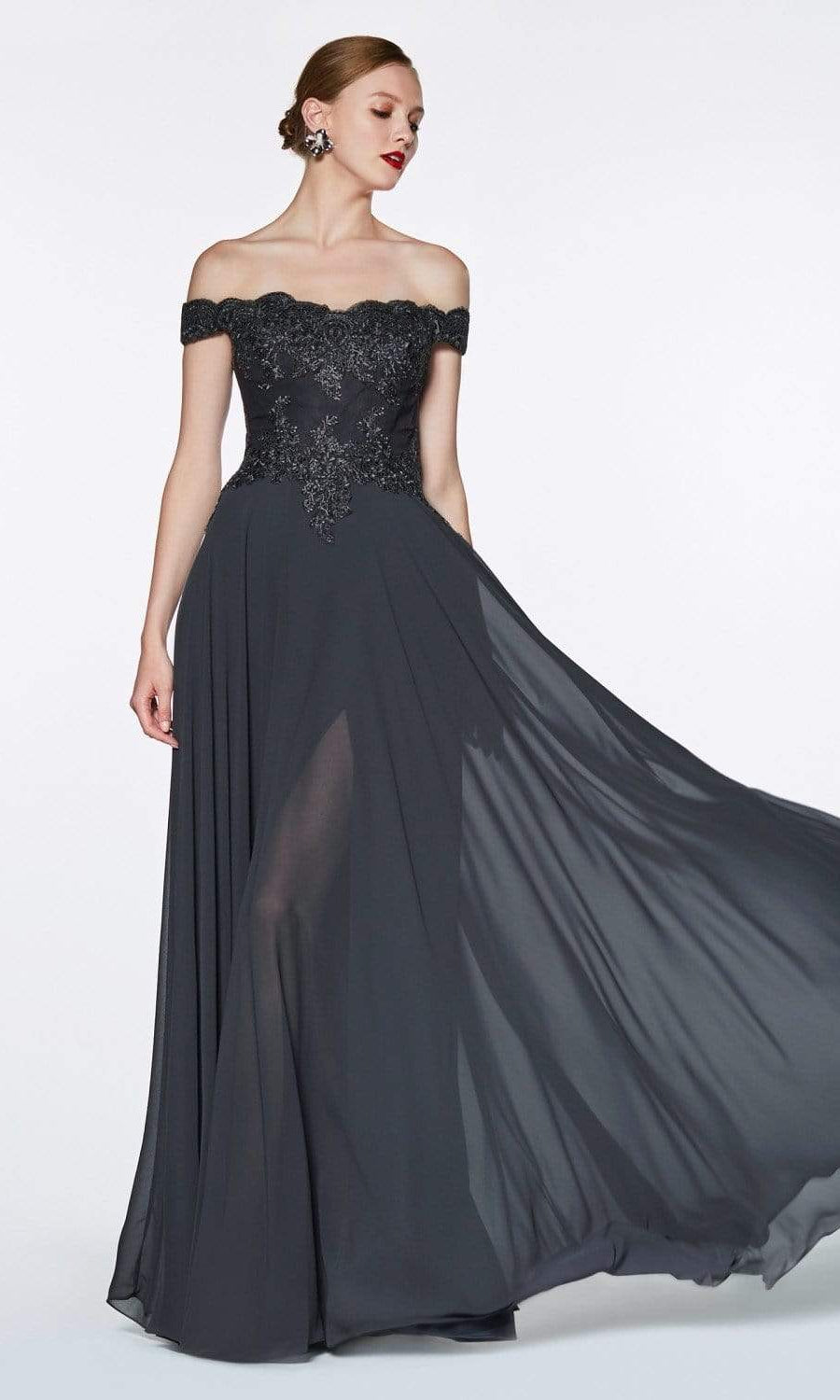 Cinderella Divine - 7258 Flowy Chiffon Lace Embellished A-Line Gown - view 7