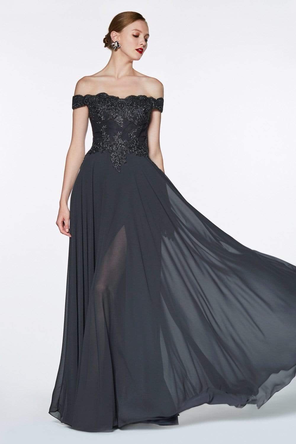 Cinderella Divine - 7258 Flowy Chiffon Lace Embellished A-Line Gown - view 7