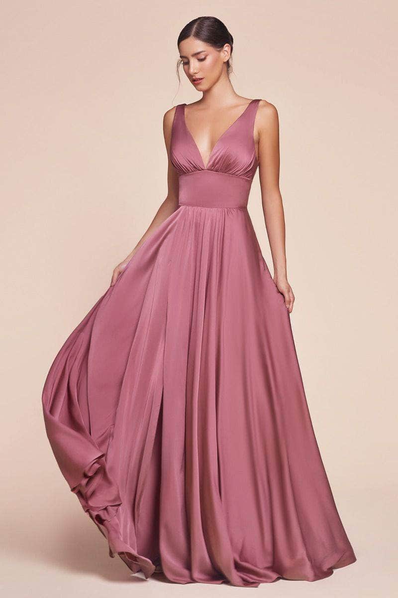 Cinderella Divine - 7469 Satin V-Neck A-Line Dress with Slit - view 10