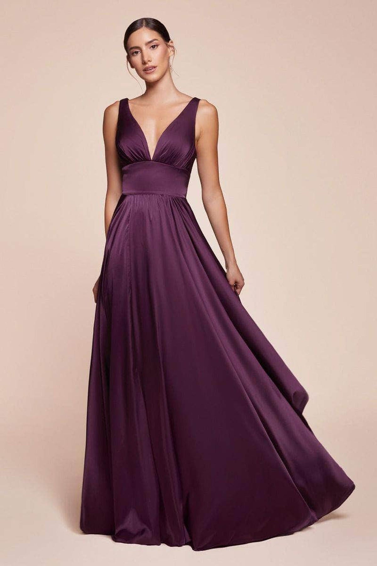 Cinderella Divine - 7469 Sleeveless V Neck Flowing Satin Gown