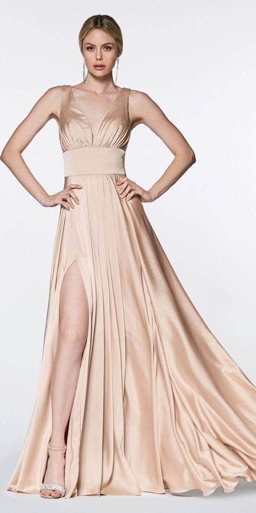 Cinderella Divine - 7469 Sleeveless V Neck High Slit Satin Gown - view 7