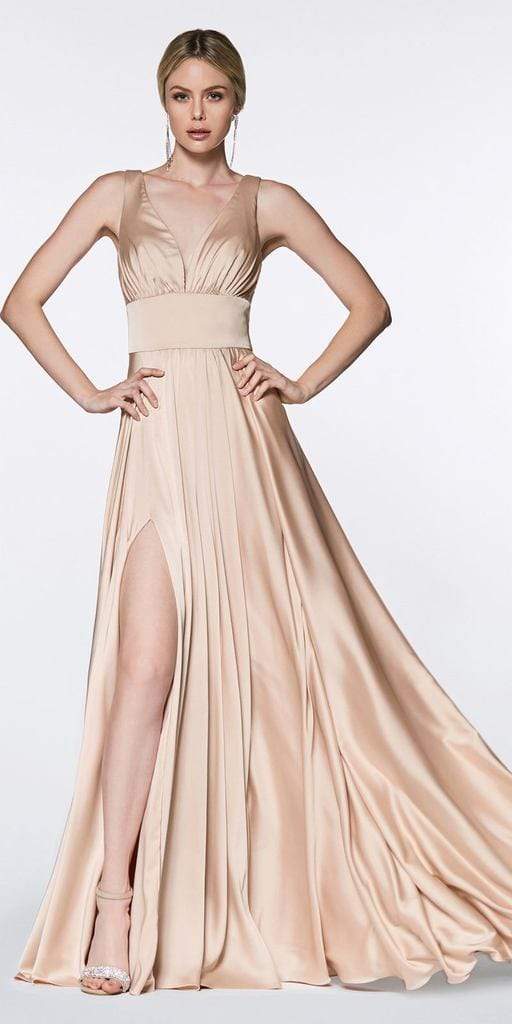 Cinderella Divine - 7469 V Neck High Slit Satin Flowy A-Line Dress - view 6
