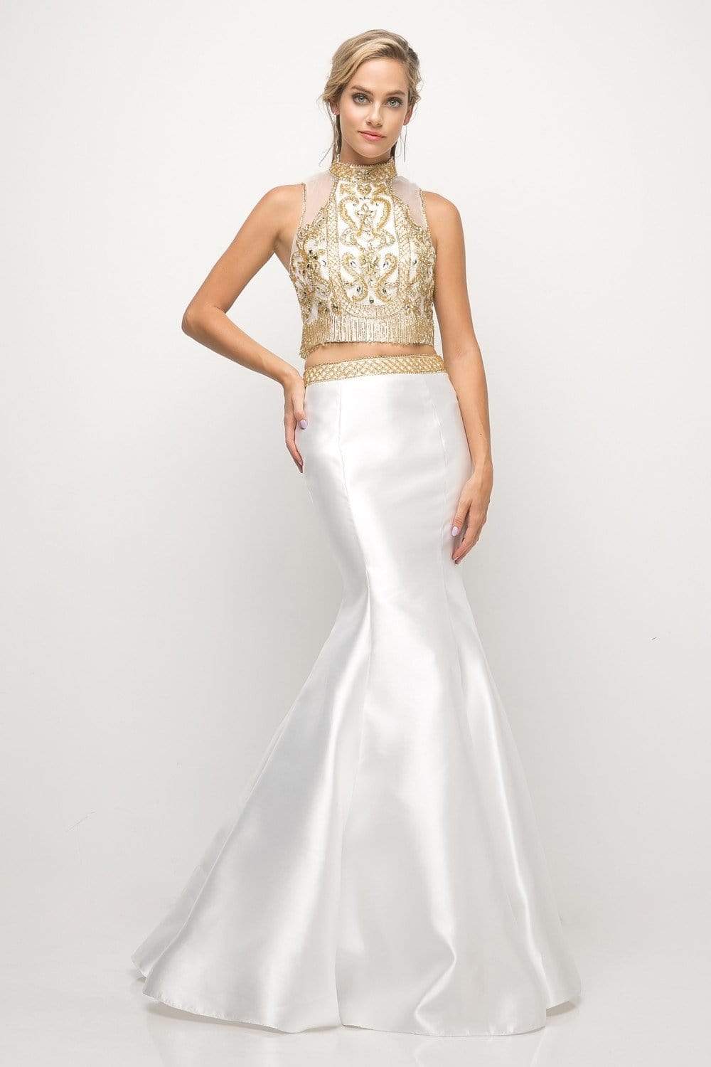 Cinderella Divine - 84016 Two-Piece Beaded High Halter Mermaid Gown - detail view
