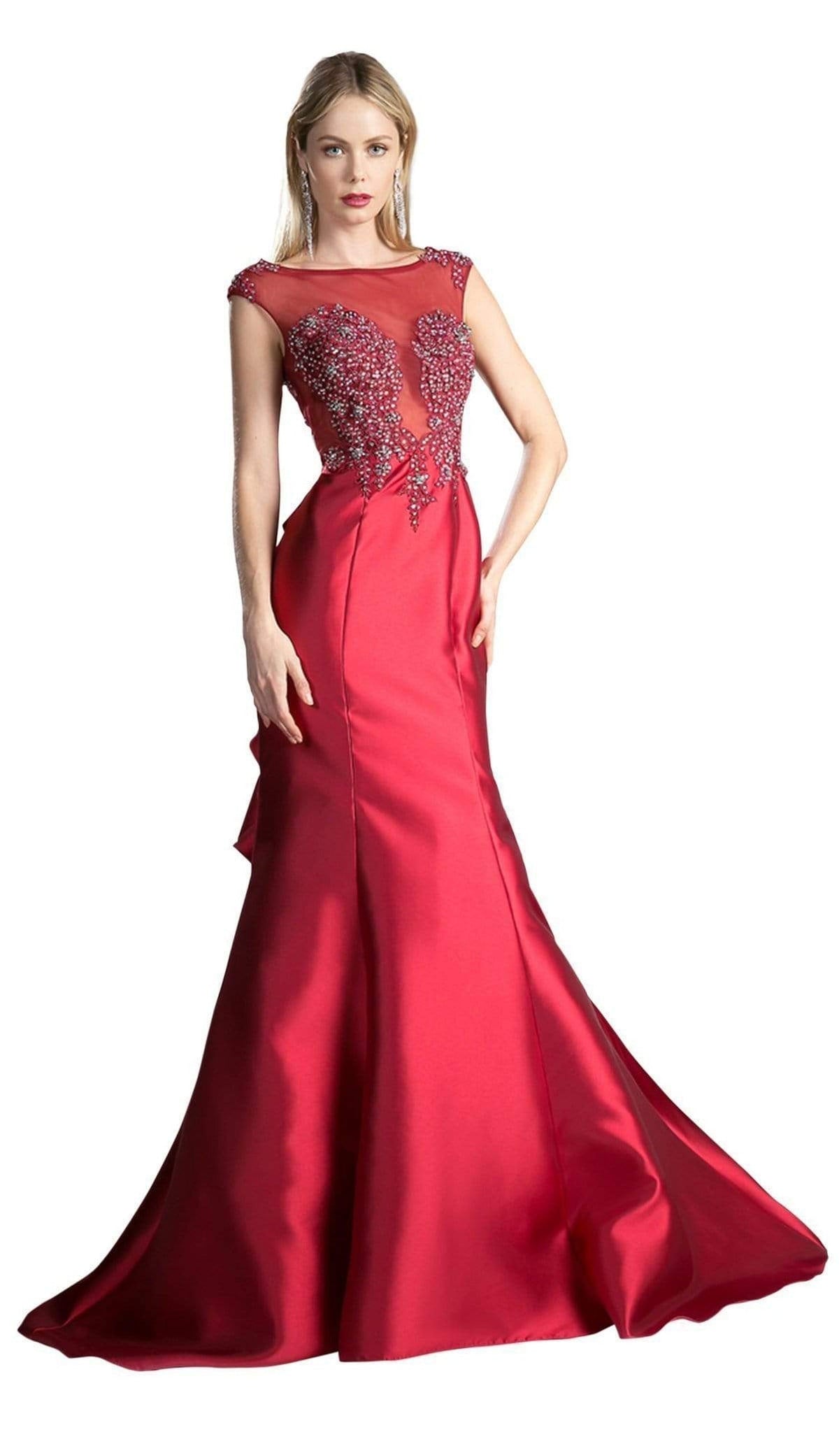 Cinderella Divine - 8984A Cap Sleeve Appliqued Plunging Illusion Gown