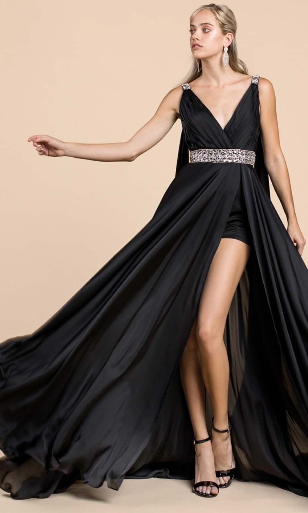 Cinderella Divine - A0065 Satin High Slit Caped Evening Gown - designer evening gown at Silhouette Dresses