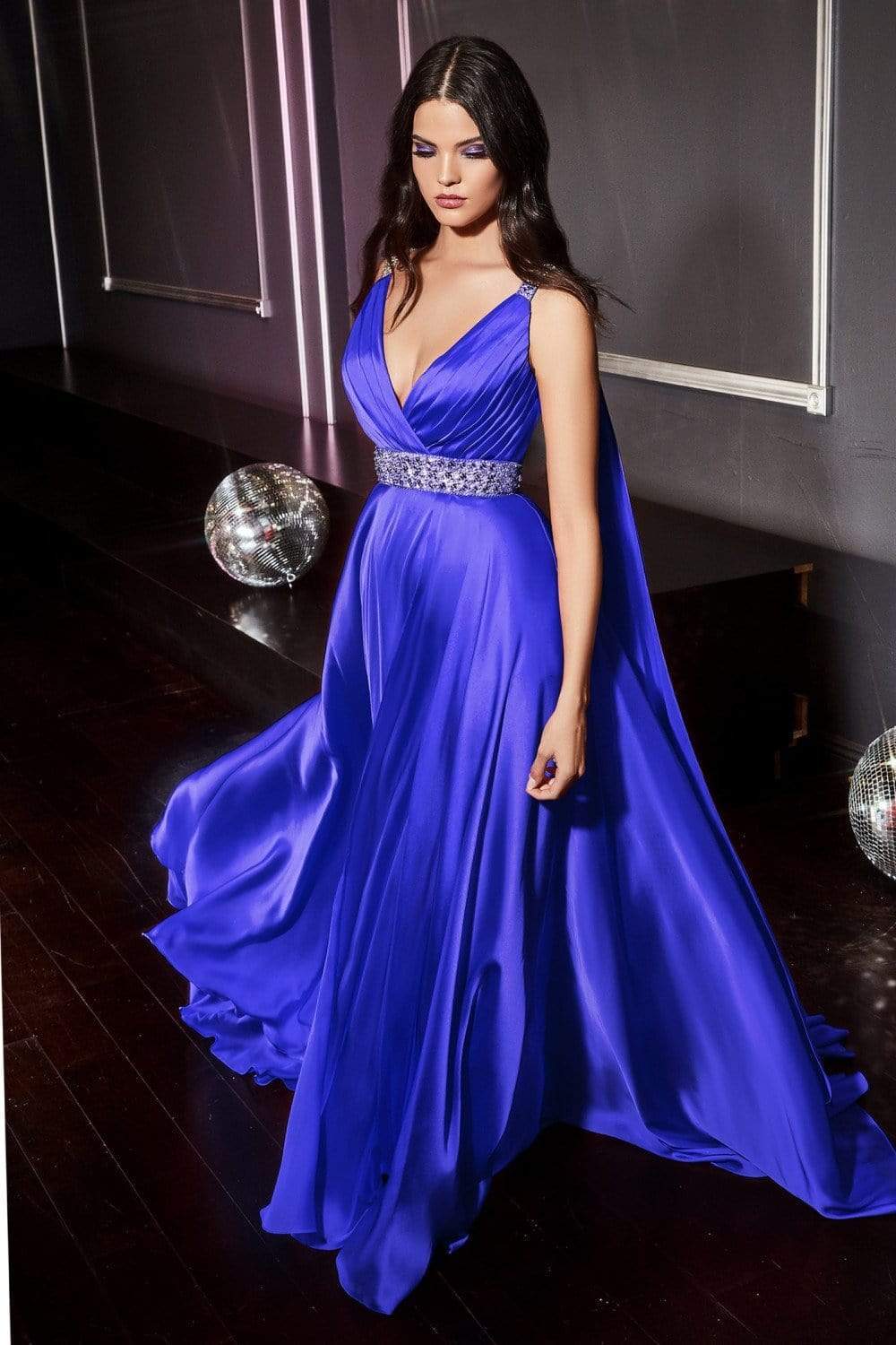 Cinderella Divine - A0065 Satin High Slit Caped Evening Gown - view 10