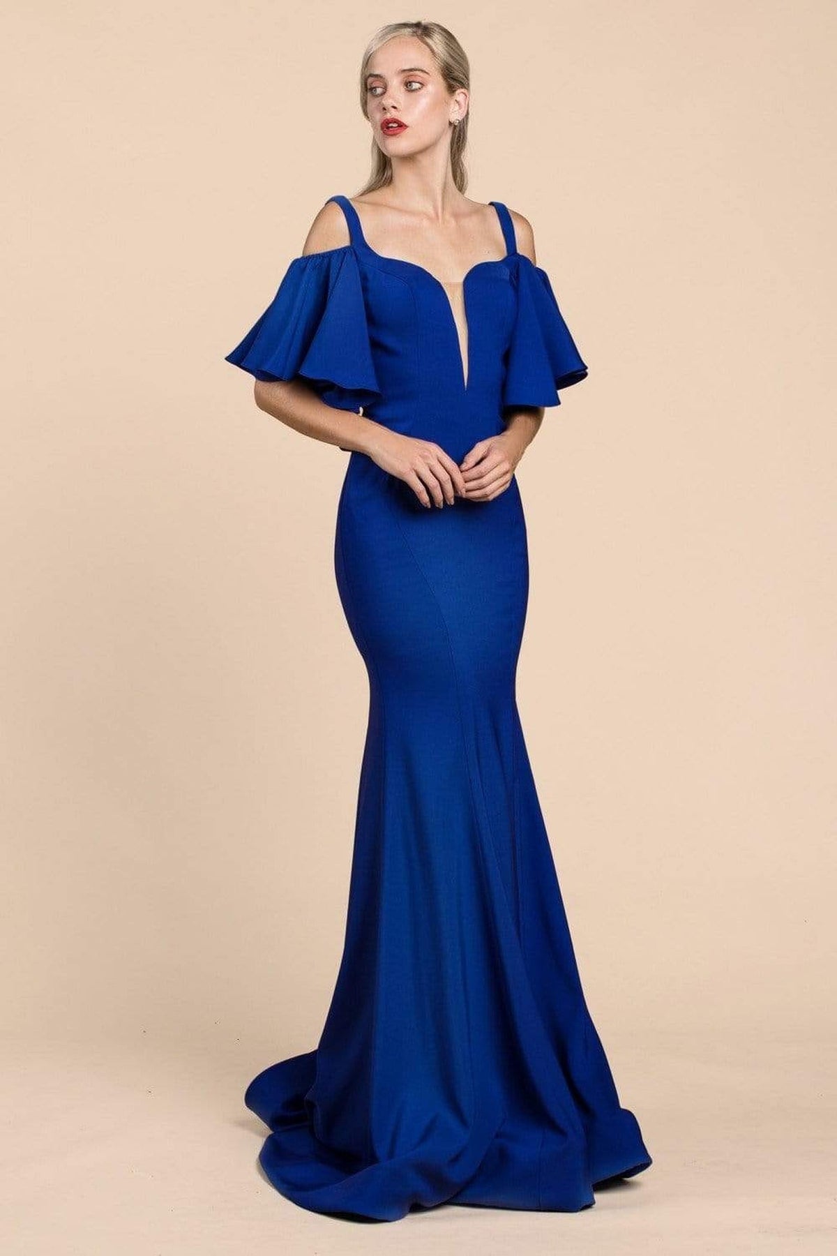 Cinderella Divine - A0079 Cold Off-Shoulder Flair Sleeves Mermaid Gown