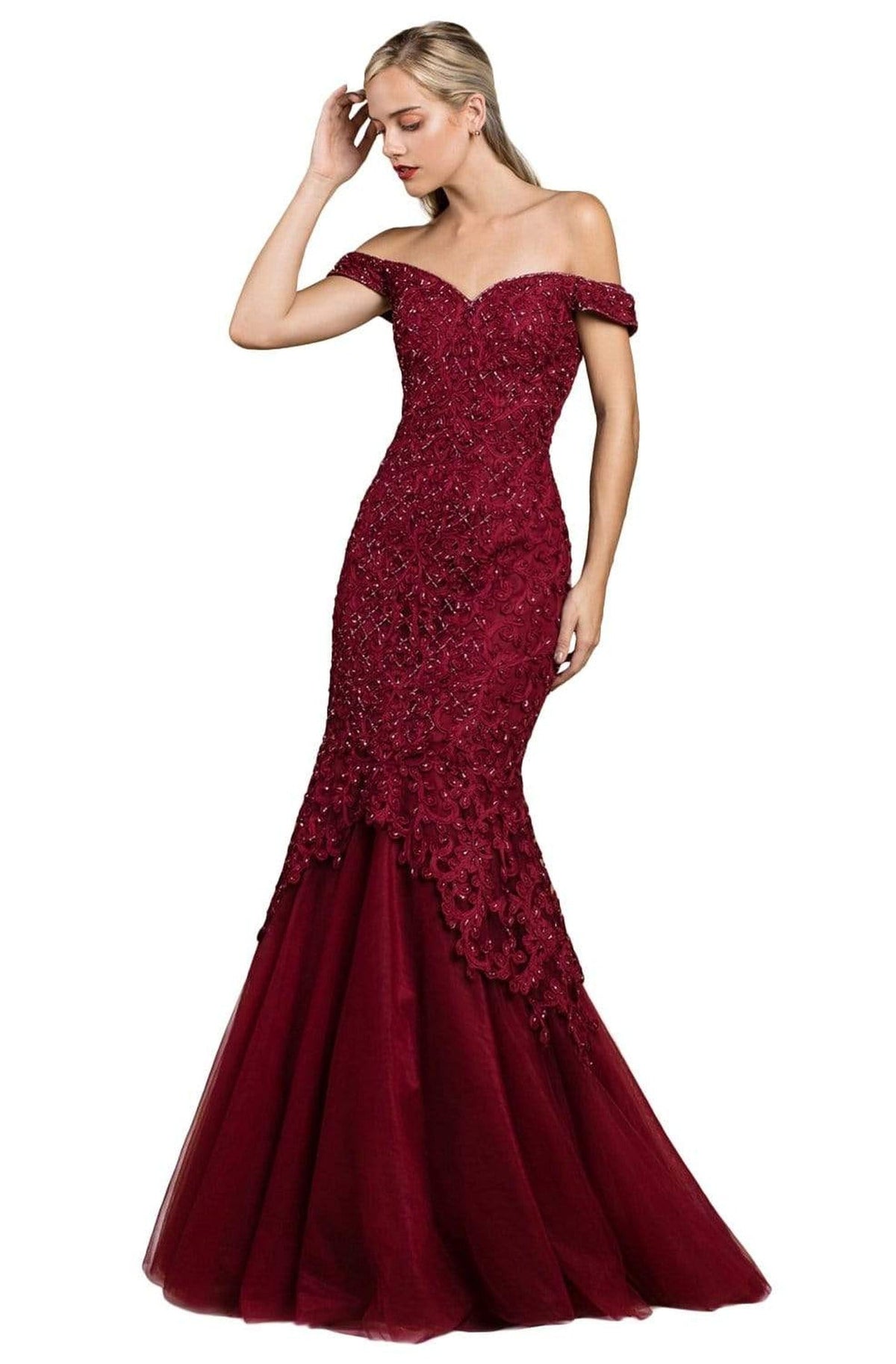 Cinderella Divine - A0401 Off Shoulder Lace Overlay Tulle Mermaid Gown