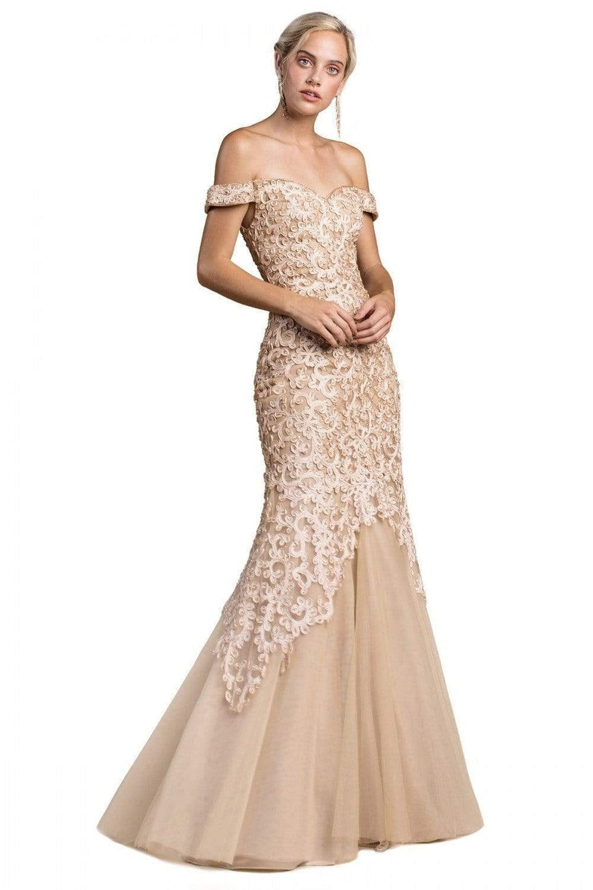 Cinderella Divine - A0401 Off Shoulder Lace Overlay Tulle Mermaid Gown