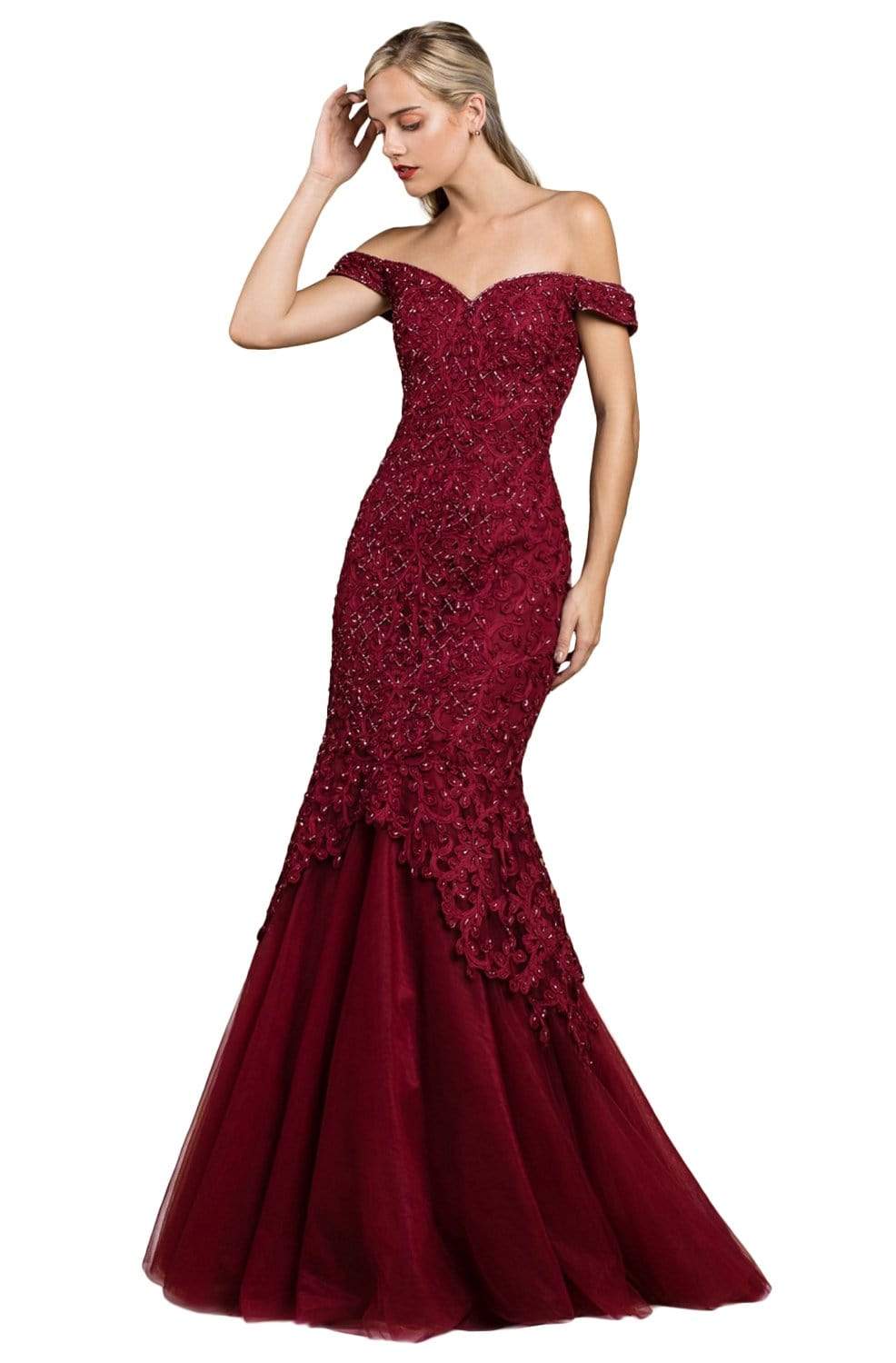 Cinderella Divine - A0401 Off Shoulder Lace Overlay Tulle Mermaid Gown - view 4