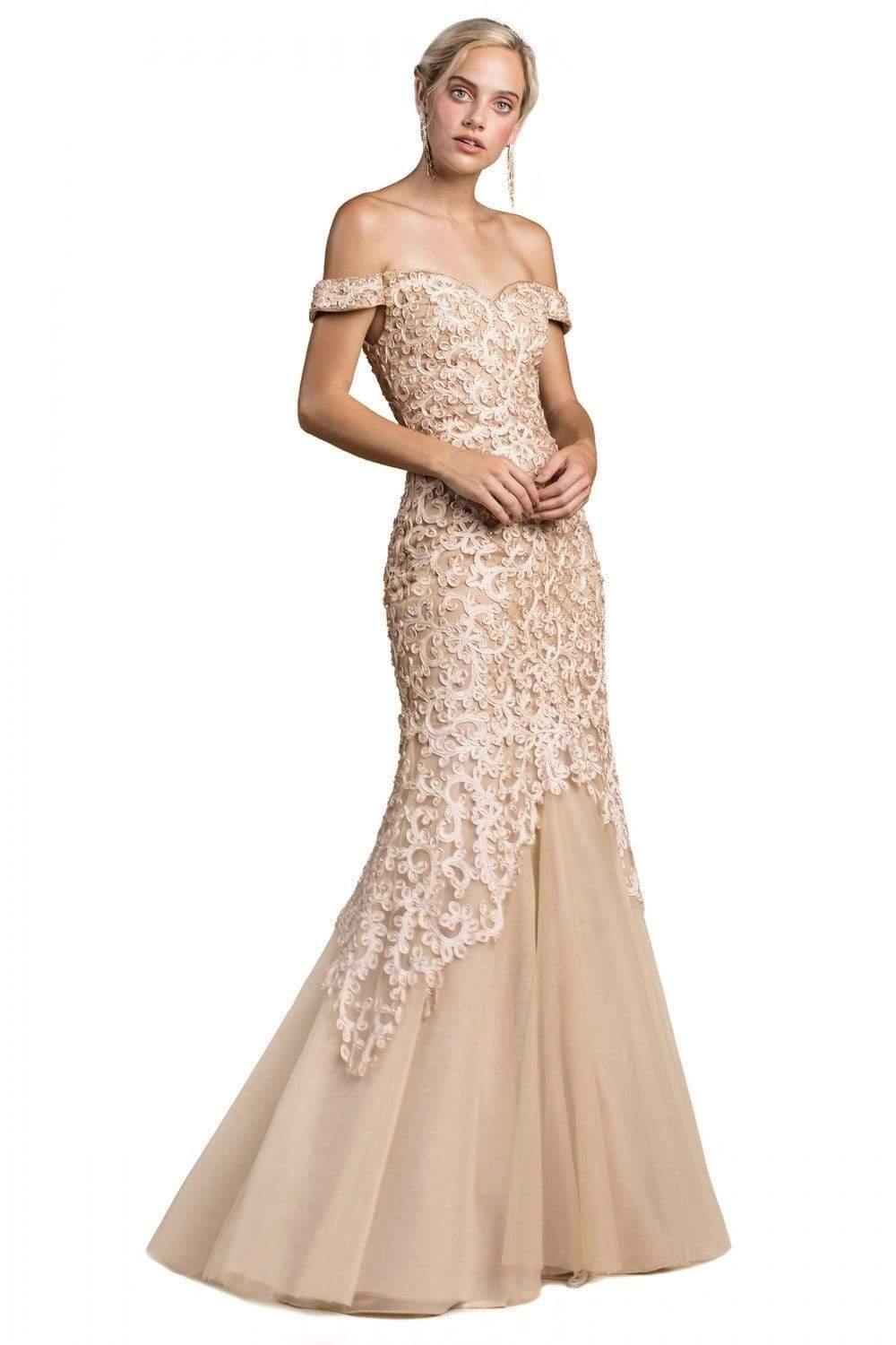 Cinderella Divine - A0401 Off Shoulder Lace Overlay Tulle Mermaid Gown - view 5