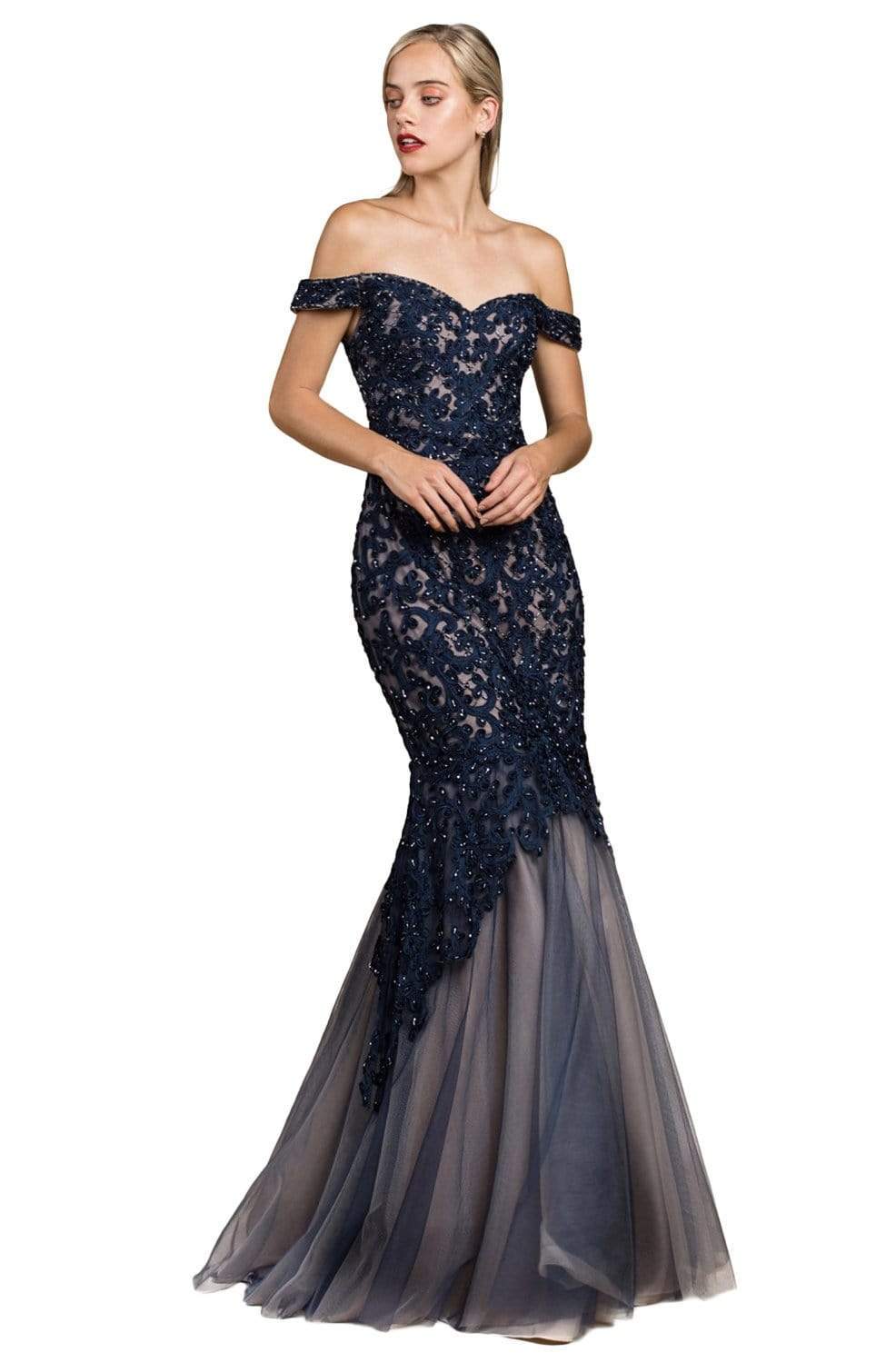 Cinderella Divine - A0401 Off Shoulder Lace Overlay Tulle Mermaid Gown - view 8