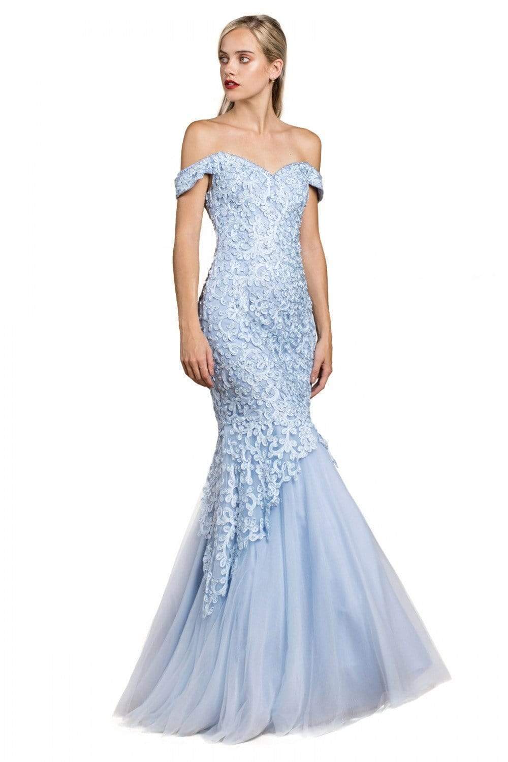 Cinderella Divine - A0401 Off Shoulder Lace Overlay Tulle Mermaid Gown - view 9