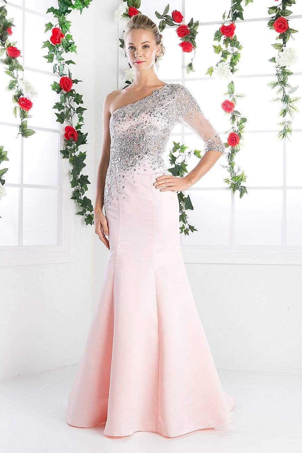 Cinderella Divine - Beaded Asymmetric Neck Trumpet Dress - detail view