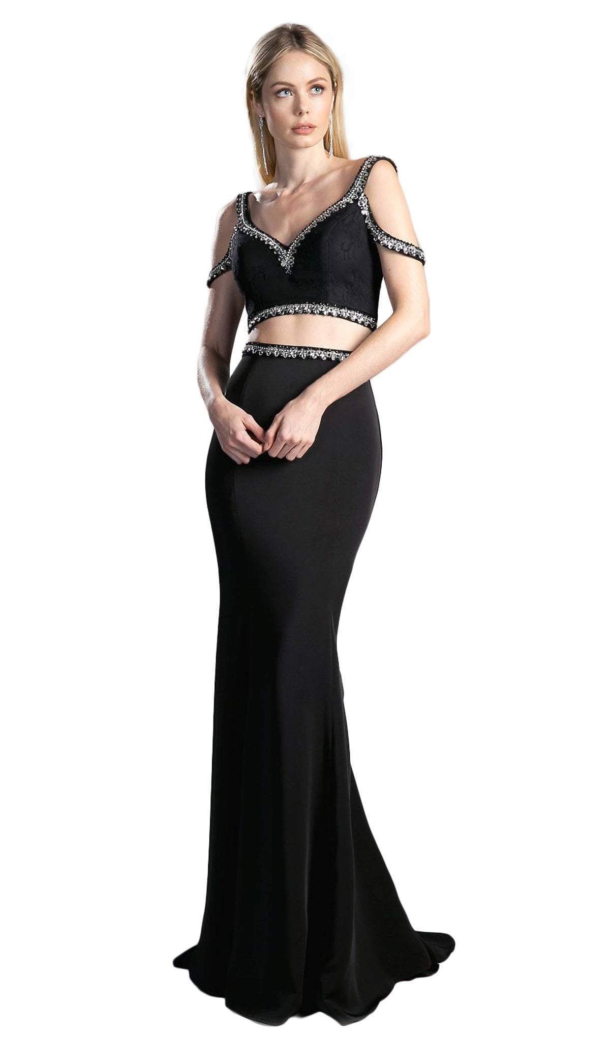 Cinderella Divine - Bejeweled Two Piece V-neck Fitted Dress - designer prom dress at Silhouette Dresses