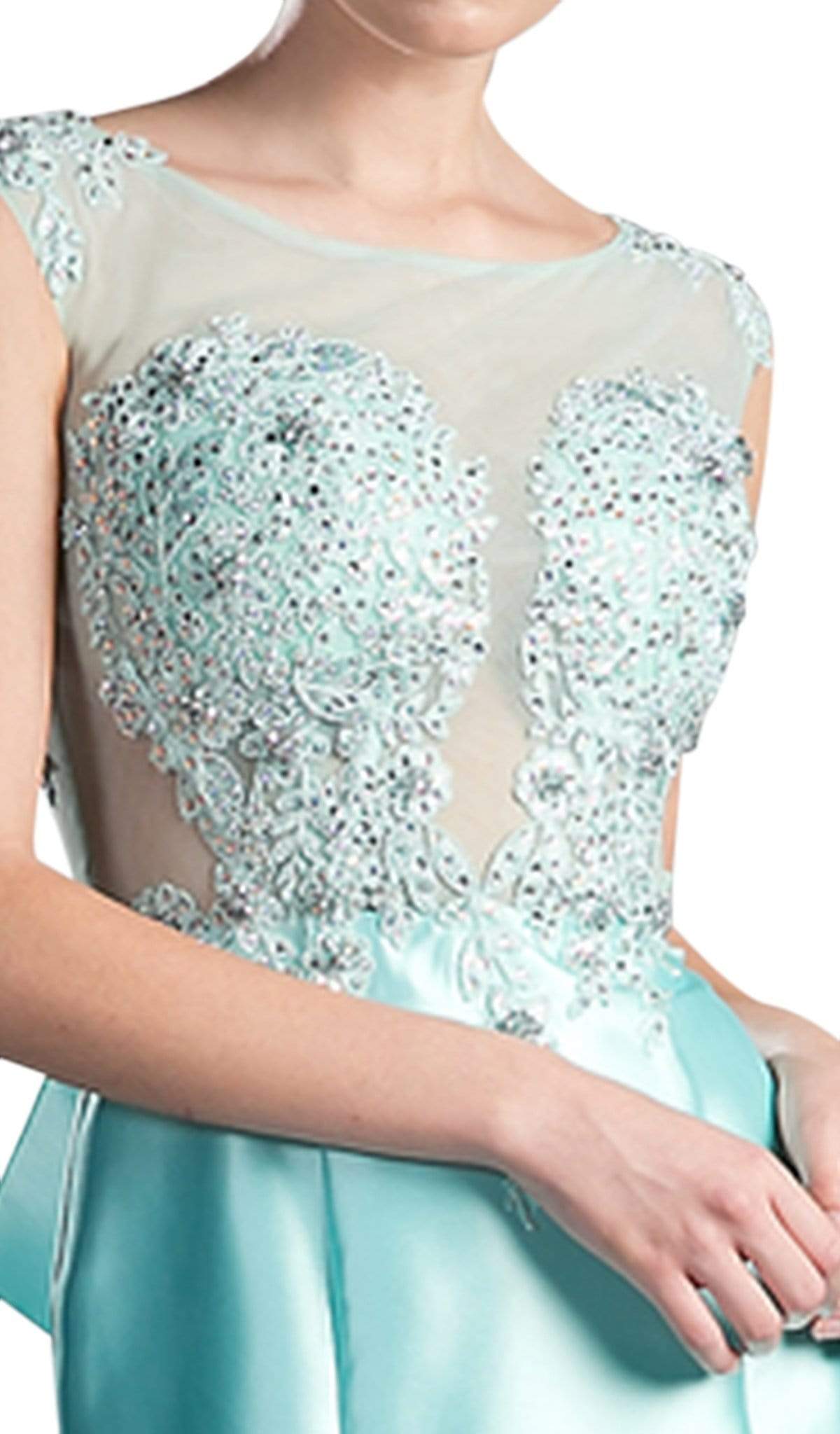 Cinderella Divine - 8984A Cap Sleeve Appliqued Plunging Illusion Gown - view 5