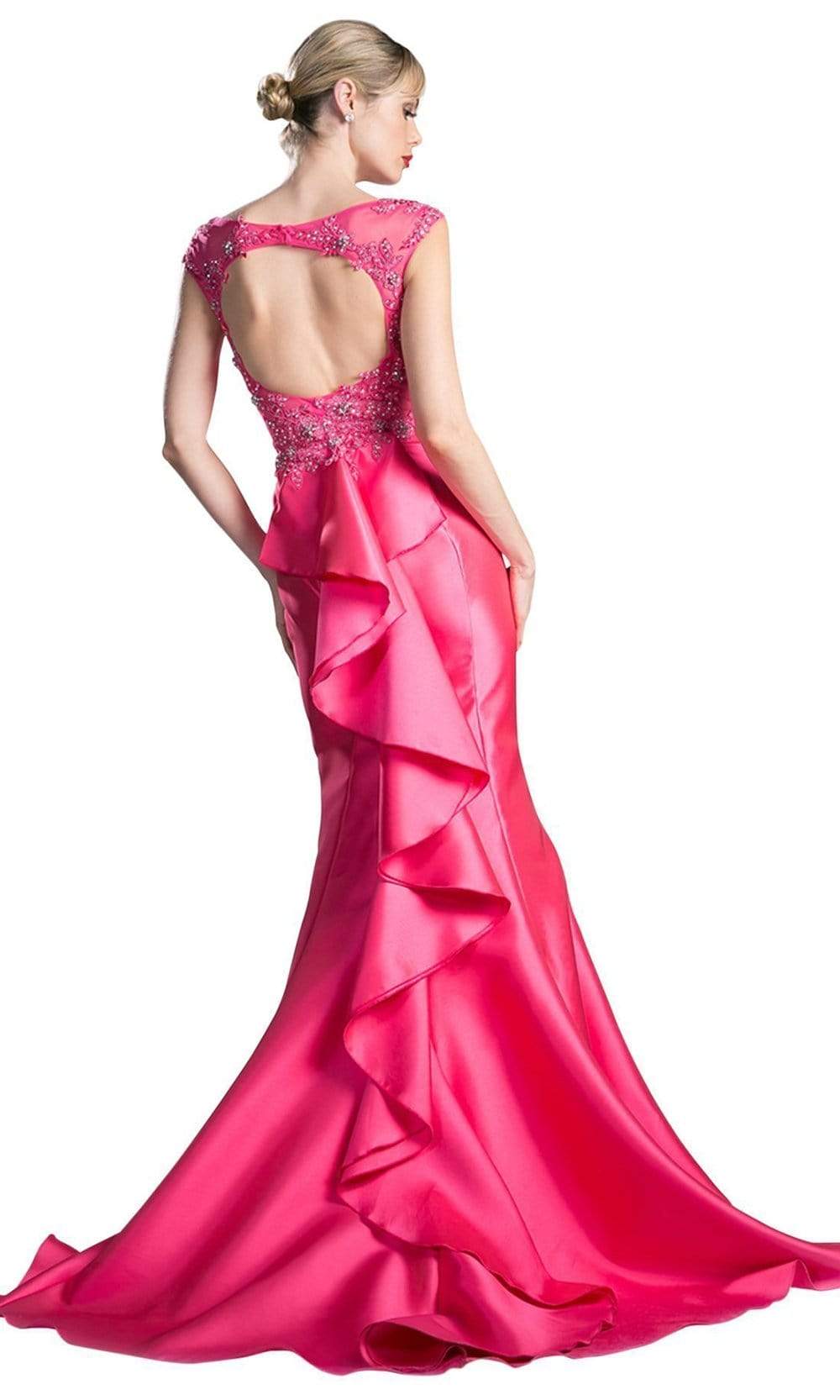Cinderella Divine - 8984A Cap Sleeve Appliqued Plunging Illusion Gown - detail view
