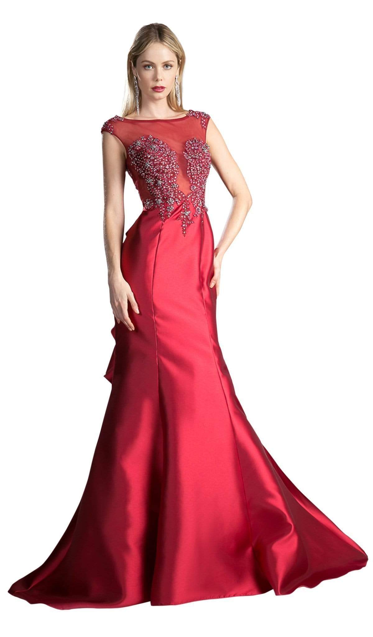 Cinderella Divine - 8984A Cap Sleeve Appliqued Plunging Illusion Gown - designer prom dress at Silhouette Dresses