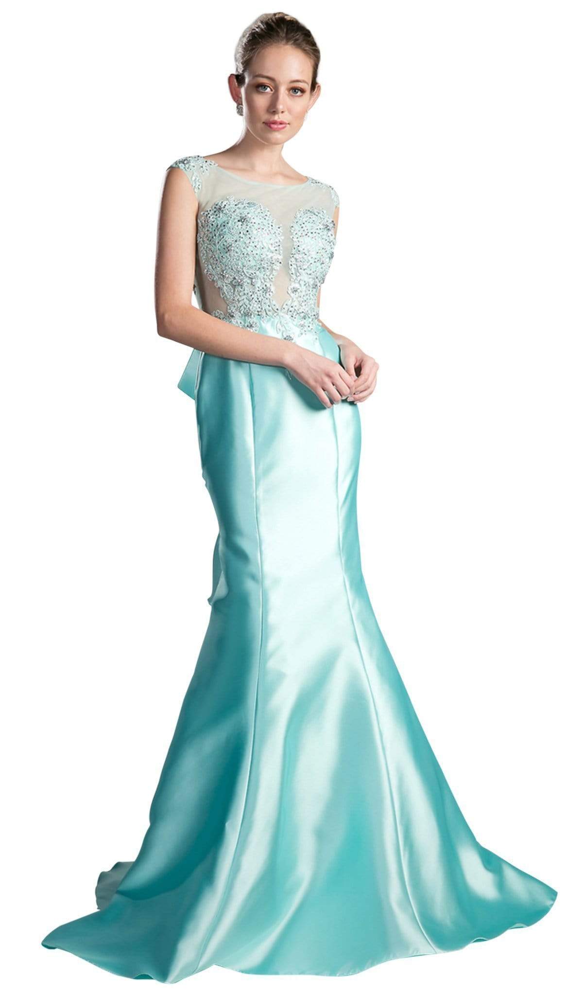 Cinderella Divine - 8984A Cap Sleeve Appliqued Plunging Illusion Gown - view 4