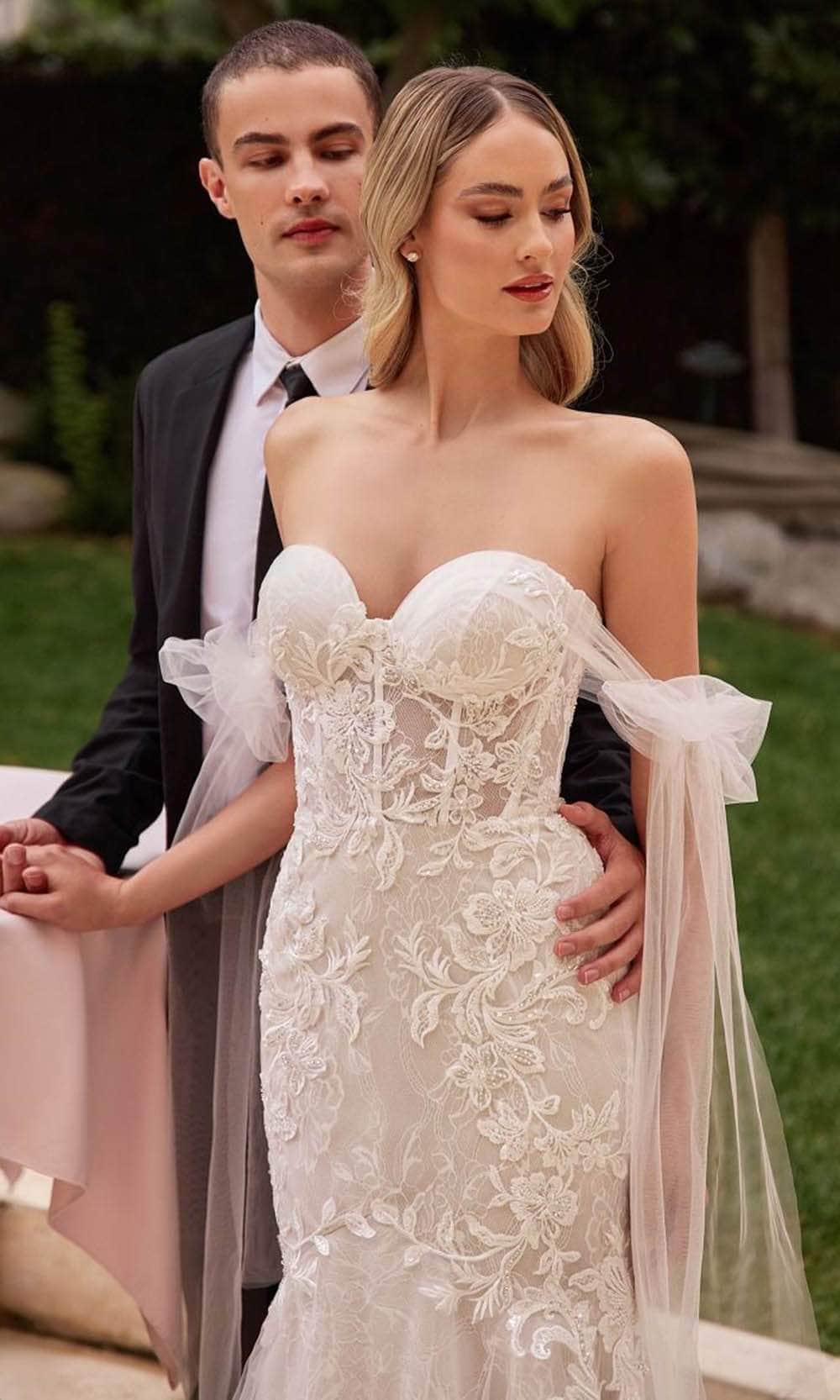 Cinderella Divine CB125W - Off-Shoulder Mermaid Dress with Floral Lace - detail view