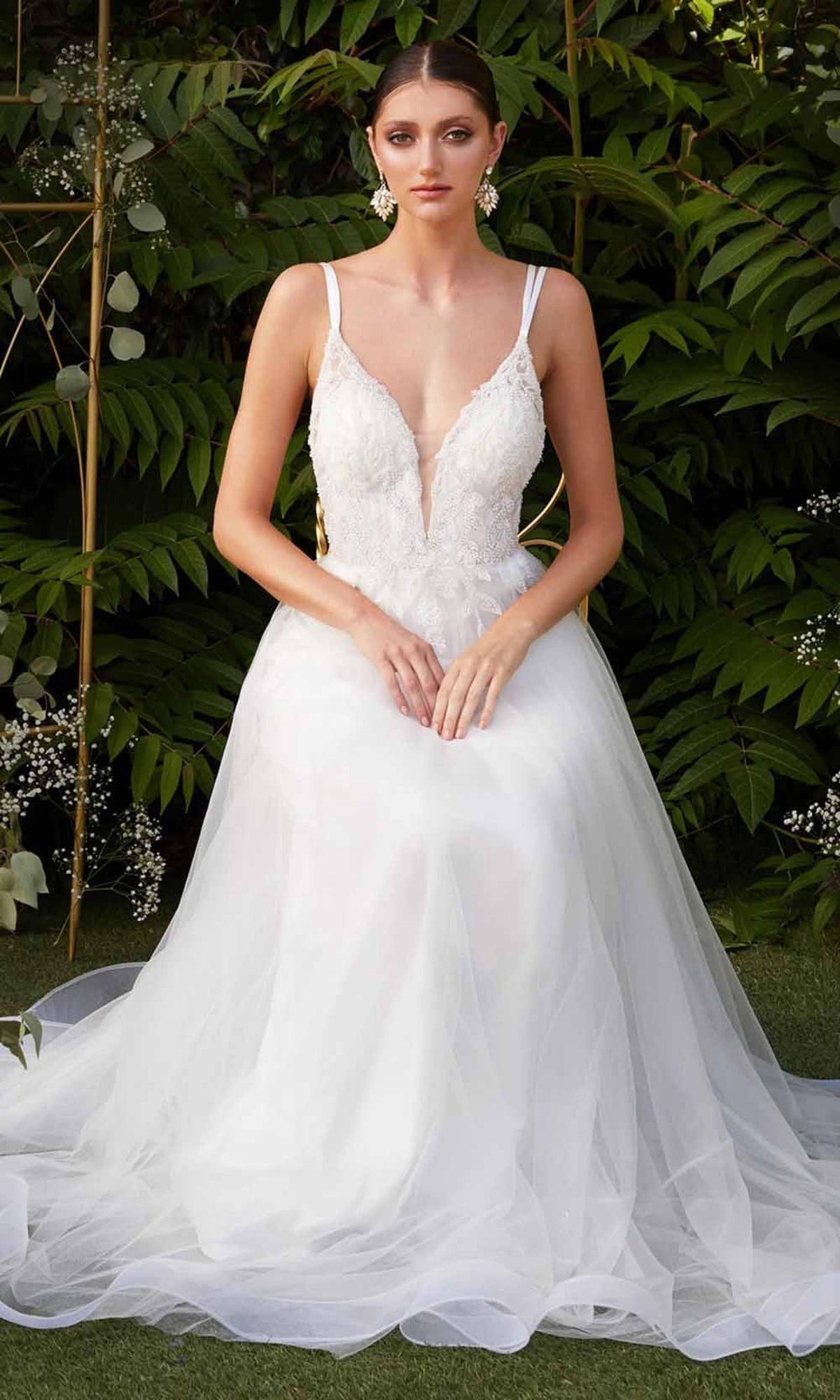 Cinderella Divine - CD0154W Appliqued Deep V-Neck Layered Tulle Dress