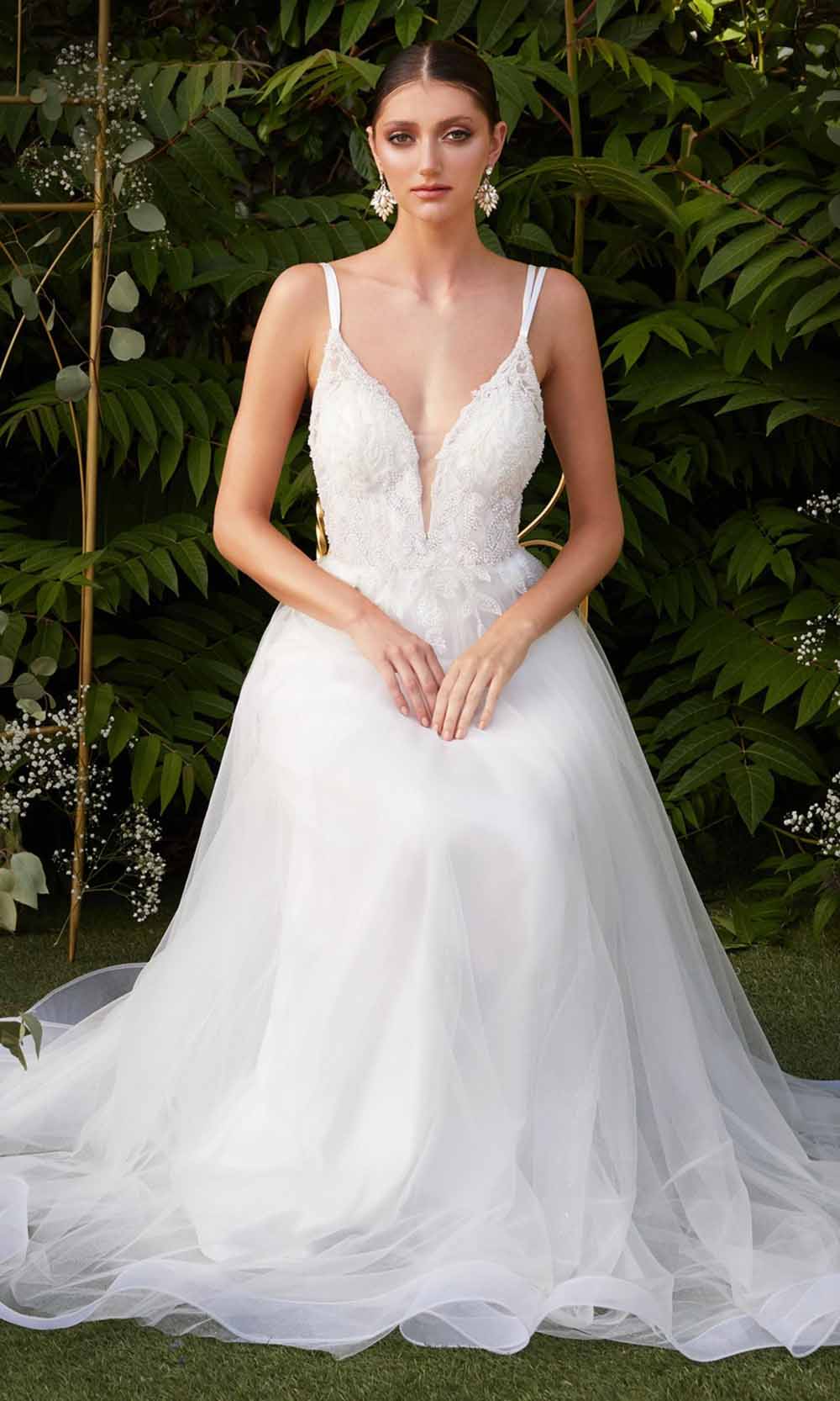 Cinderella Divine - CD0154W Appliqued Deep V-Neck Layered Tulle Dress - back view