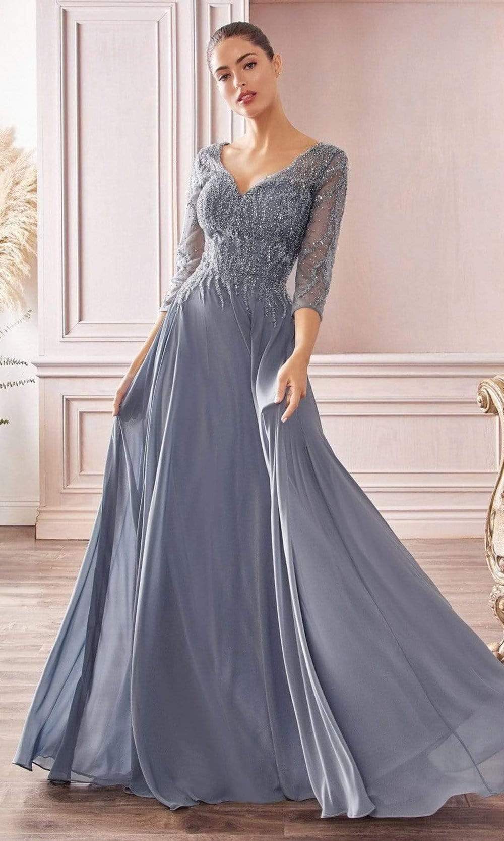 Cinderella Divine - CD0171 Sheer Quarter Beaded Chiffon A-Line Gown - detail view