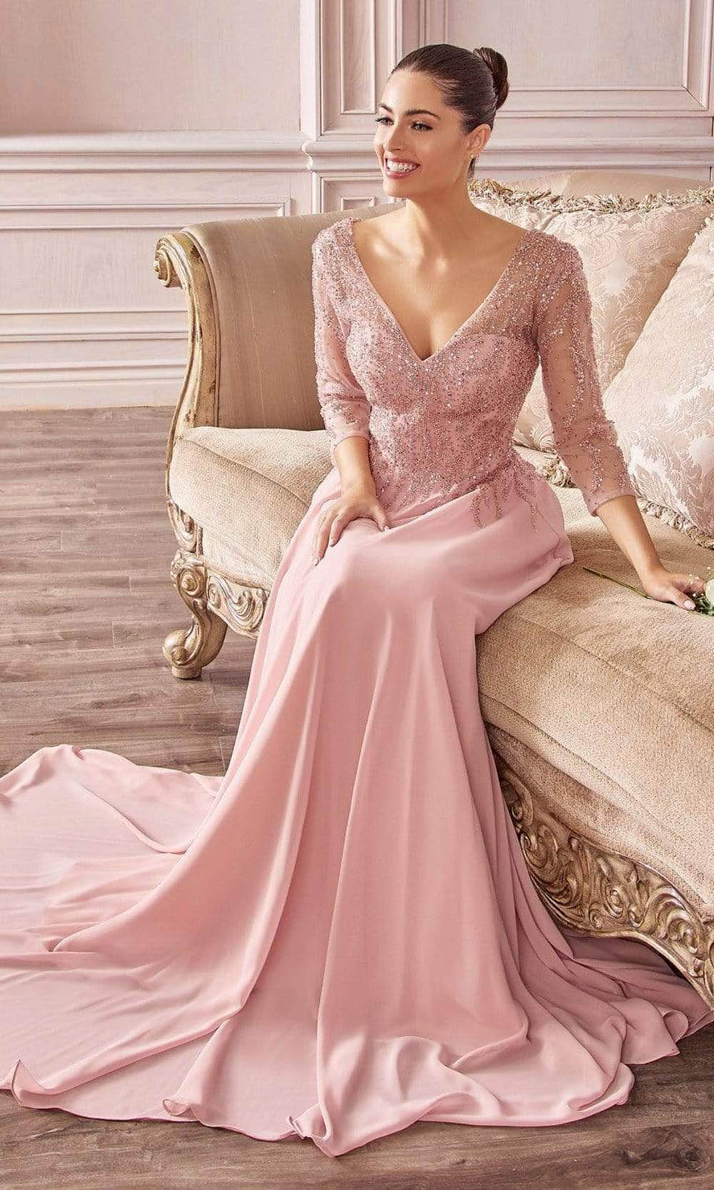 Cinderella Divine - CD0171 Sheer Quarter Beaded Chiffon A-Line Gown - Silhouette Dresses